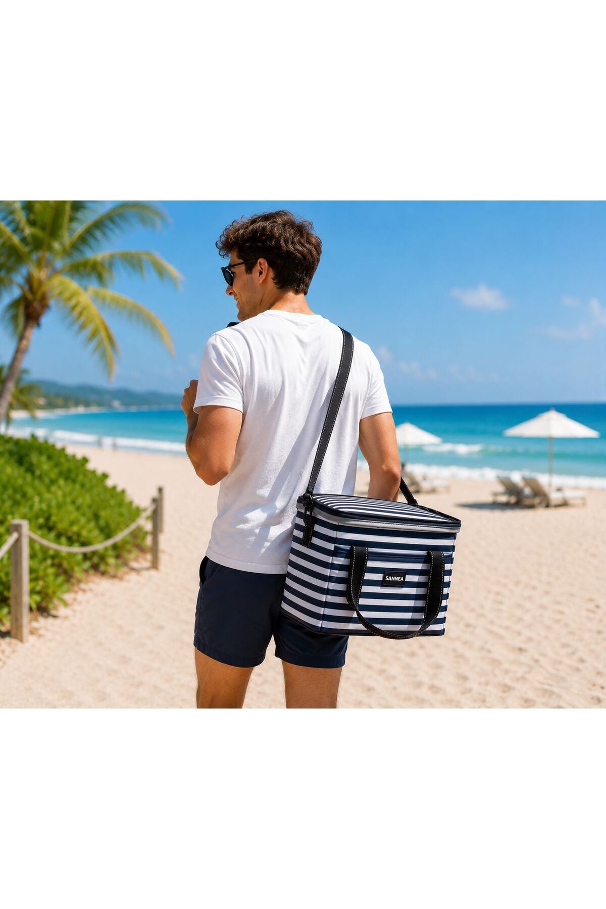 Geanta Termica 20L pentru Plaja si Picnic, Izolatie Termica, Impermeabila, 32x22.5x27 cm, Model Dungi Bleumarin