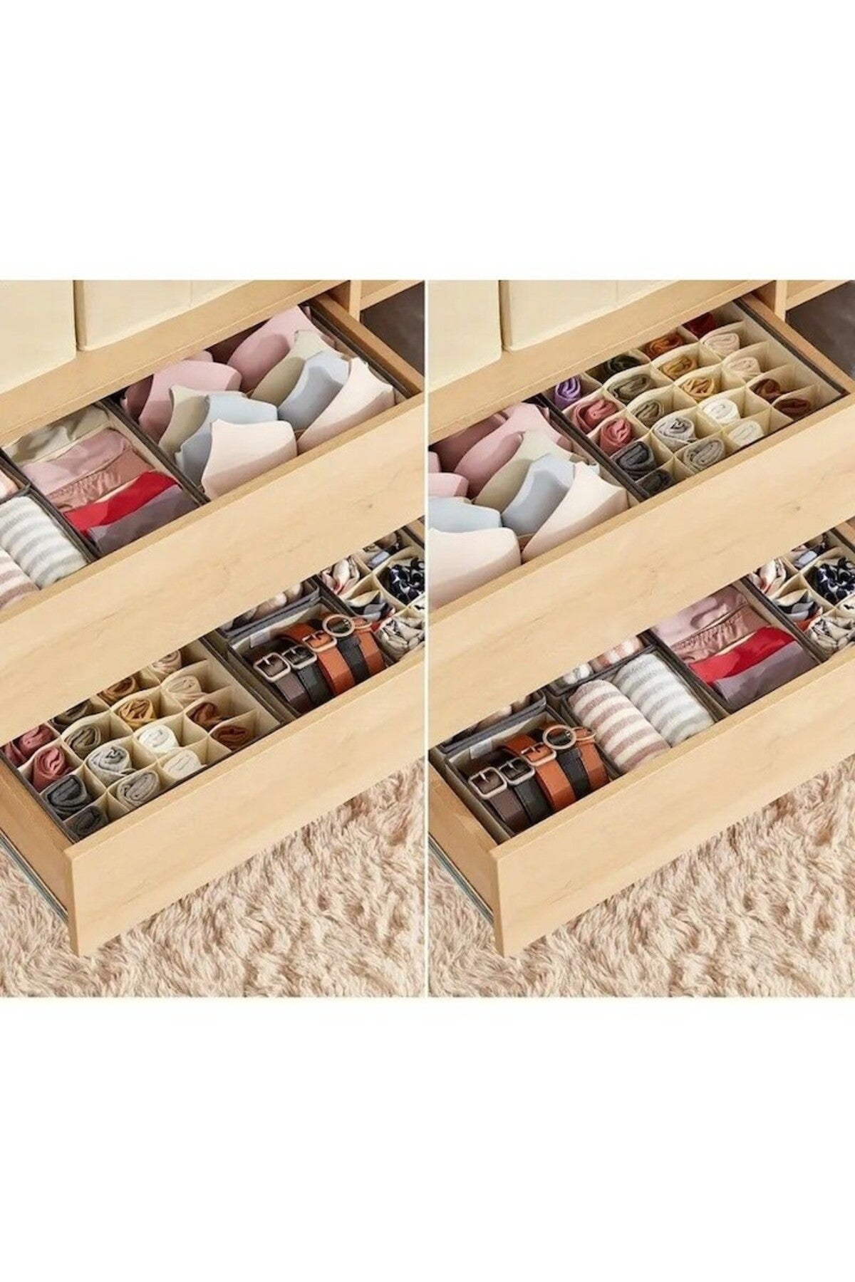 Cutie de depozitare, pentru lenjerie intimă, material textil, 6 compartimente, 32 x 16 x 10 cm, bej