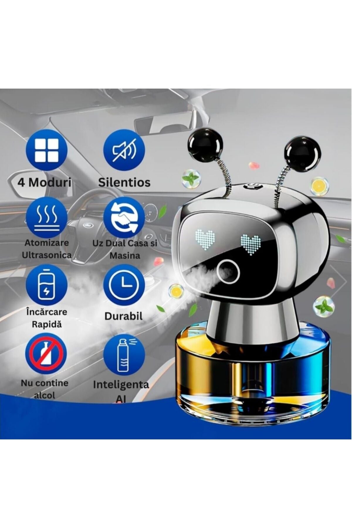 Difuzor Inteligent Robot LED, 4 Moduri Pulverizare, Reincarcare Rapida, Parfum