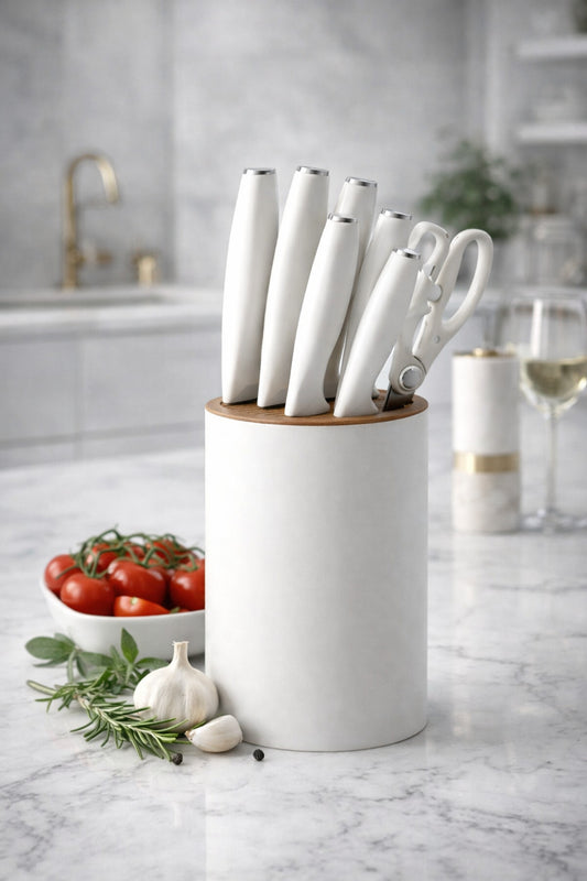 Set Cuțite Bucătărie 7 Piese LIEWANG, cu Suport, Oțel Inoxidabil, Design Modern Alb