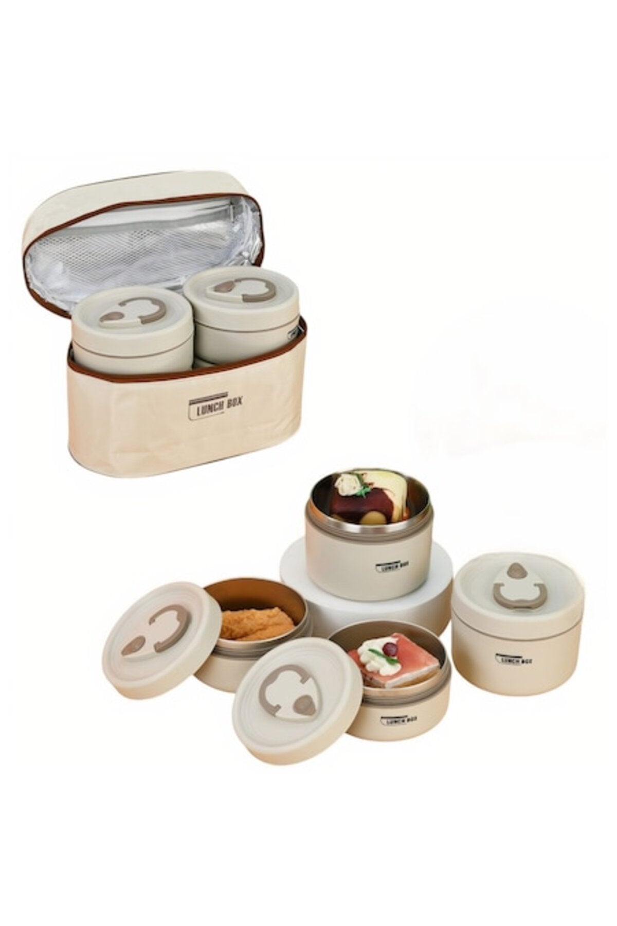 Set caserole termice din oțel inoxidabil 304 (4 piese, 2080 ml) cu geantă termoizolantă, crem