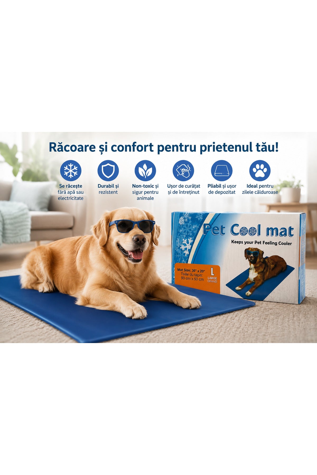 Pet Cooling Mat 90x50 cm, Covor Racoritor pentru Caini, Gel Auto-Racire, Non Toxic, Reutilizabil, Albastru