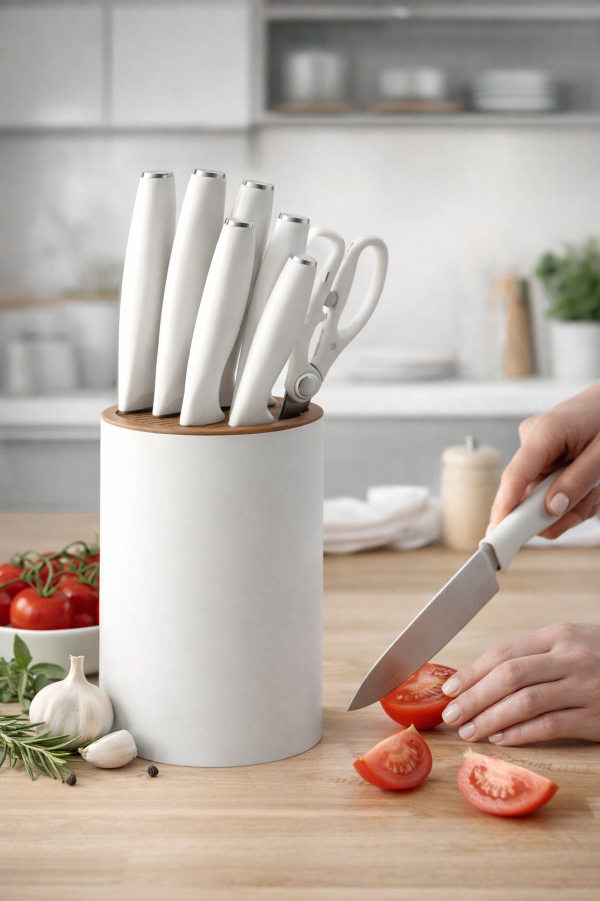 Set Cuțite Bucătărie 7 Piese LIEWANG, cu Suport, Oțel Inoxidabil, Design Modern Alb