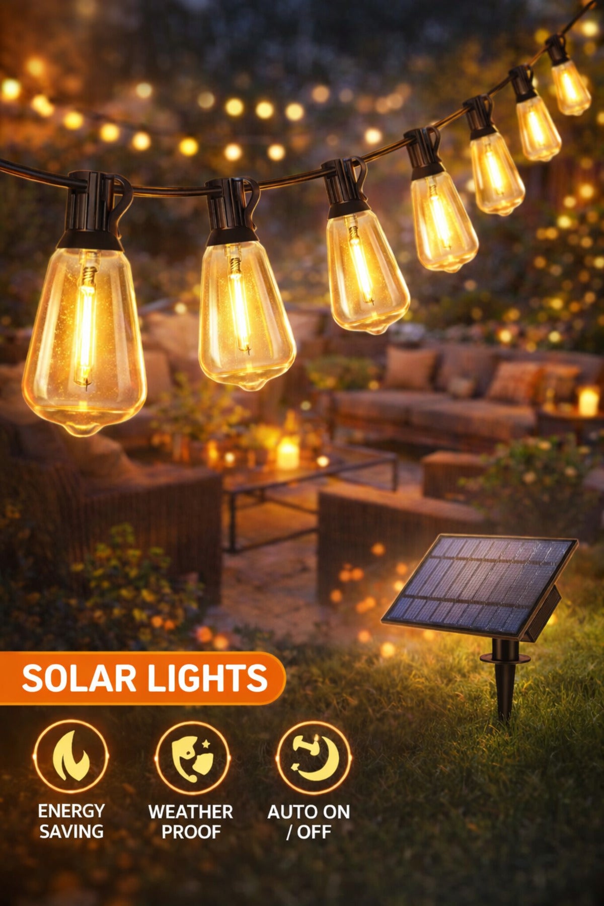 Ghirlanda Solară LED Exterior cu 10 BecurI Retro– IP65, 8 Moduri Iluminare, Pentru Terasă și Grădină