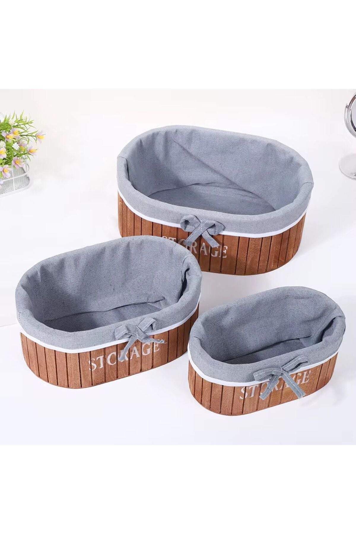 Set 3 Coșuri Depozitare– Design Elegant din Lemn Pentru Machiaj, Baie, Dormitor, Bucatarie 28x19cm