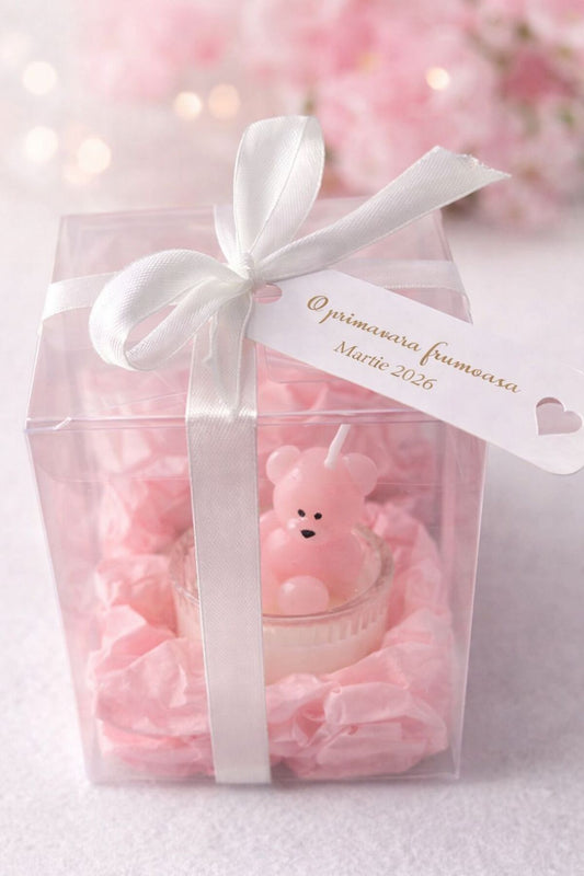 Lumanare Handmade Decorativa Ursuleț Roz în Cutie Cadou Eleganta, Mărțișor / Cadou 8 Martie 9x7 cm