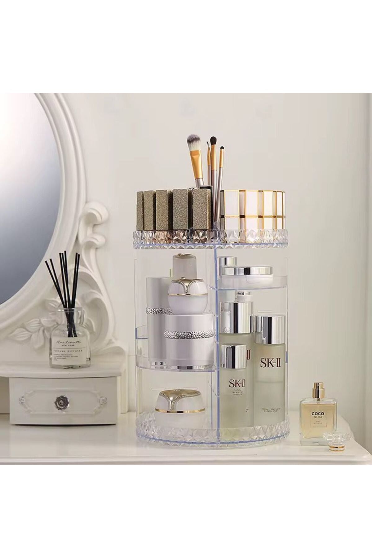 Organizator Cosmetice Rotativ 360°, Design Compact, Ideal Pentru Machiaj, Transparent