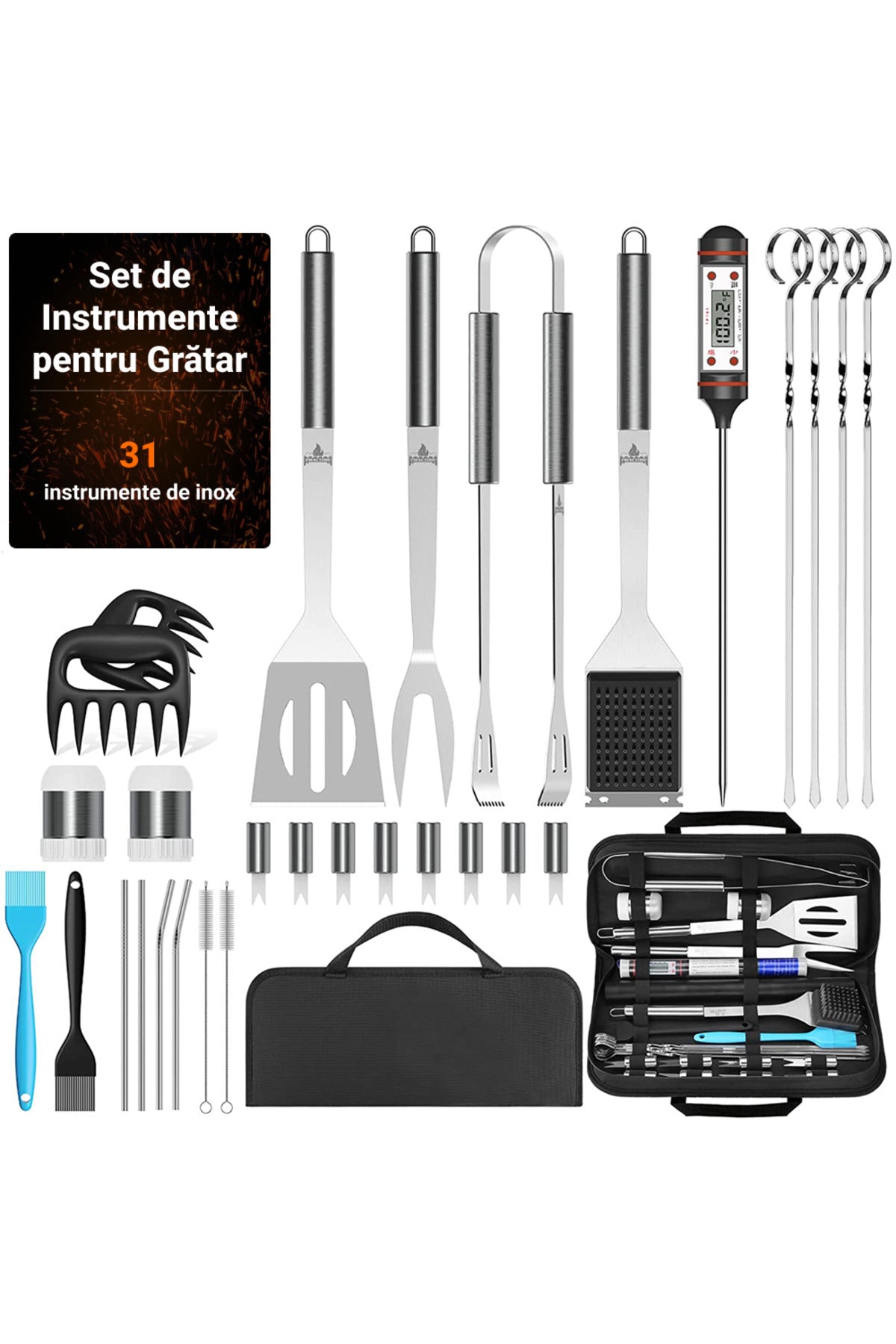 Set Profesional 31 Ustensile pentru Gratar din Otel Inoxidabil cu Husa Transport – Set Complet BBQ
