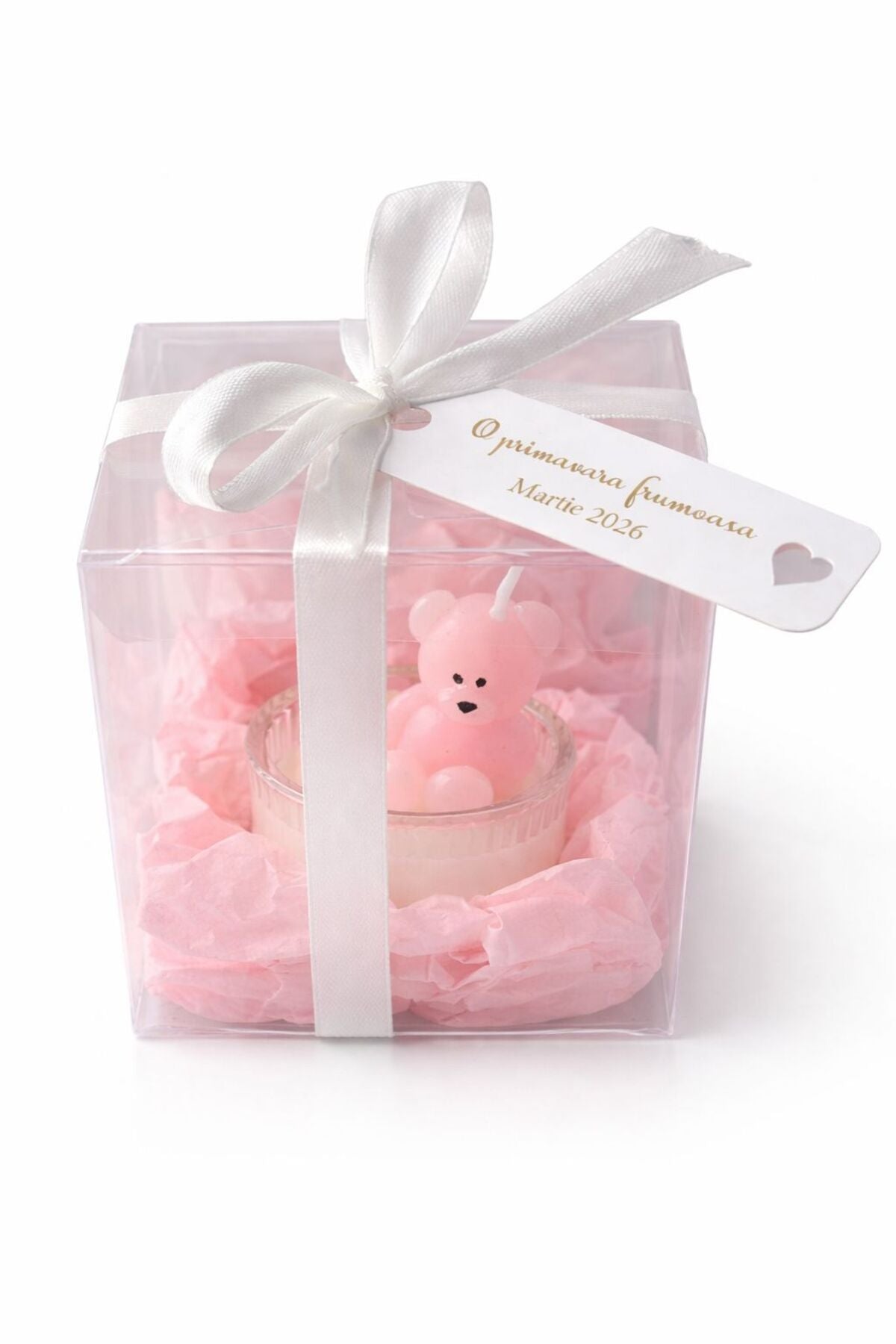 Lumanare Handmade Decorativa Ursuleț Roz în Cutie Cadou Eleganta, Mărțișor / Cadou 8 Martie 9x7 cm