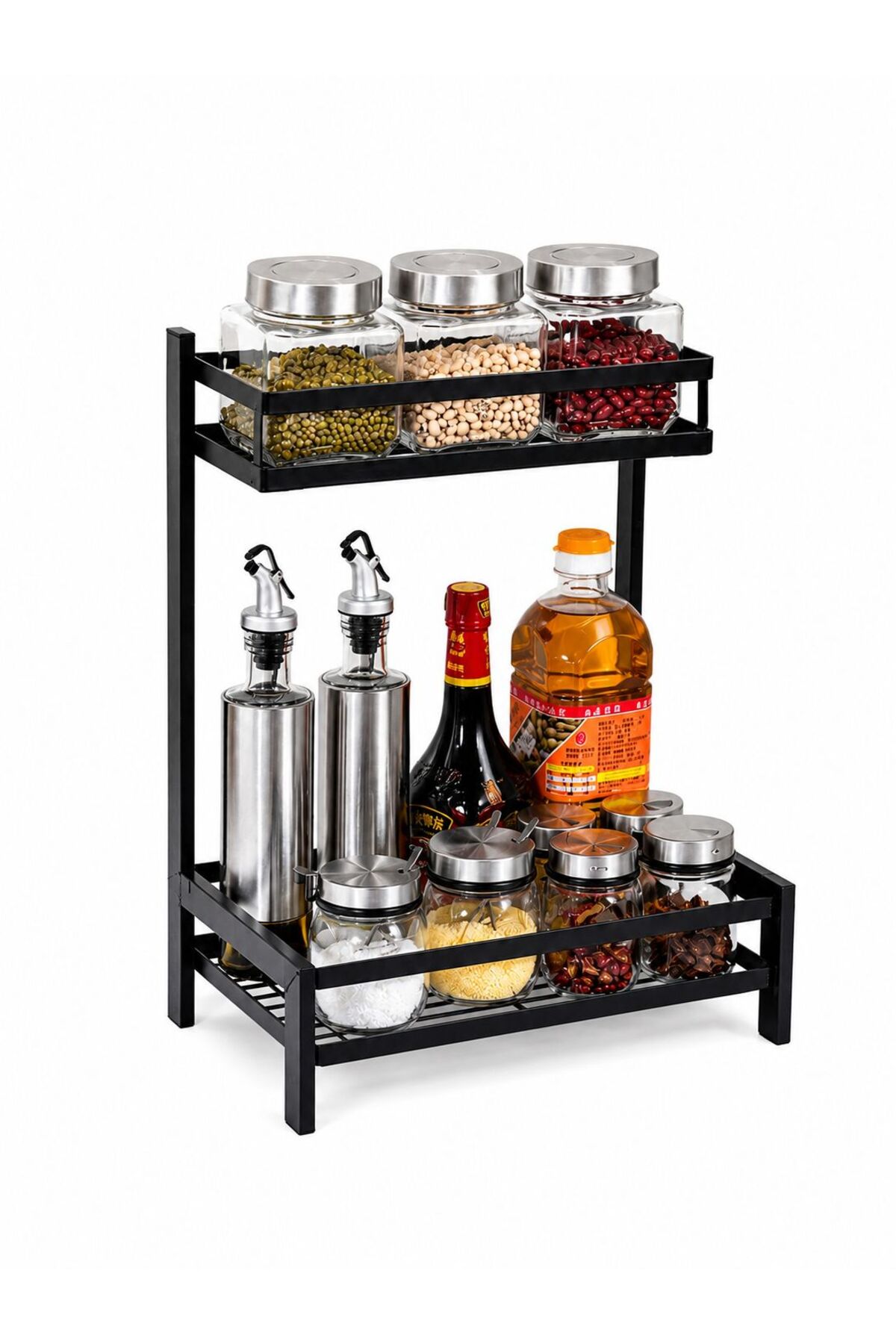 Raft Organizator Bucatarie 2 Nivele, Metalic, Negru, Suport Condimente si Ustensile, 40 x 19.5 x 32 cm