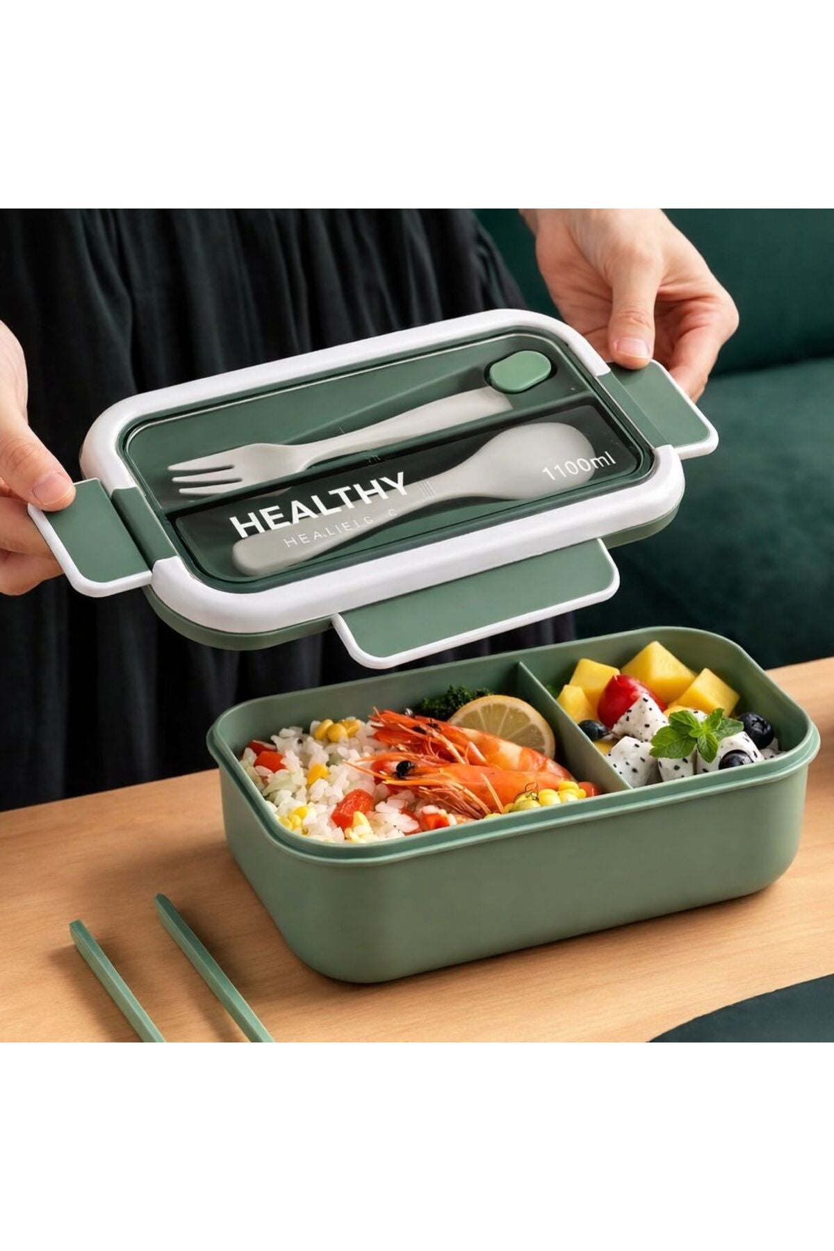 Caserolă Alimentară 1100 ml cu Tacâmuri Incluse – Lunch Box pentru Birou, Școală și Călătorii