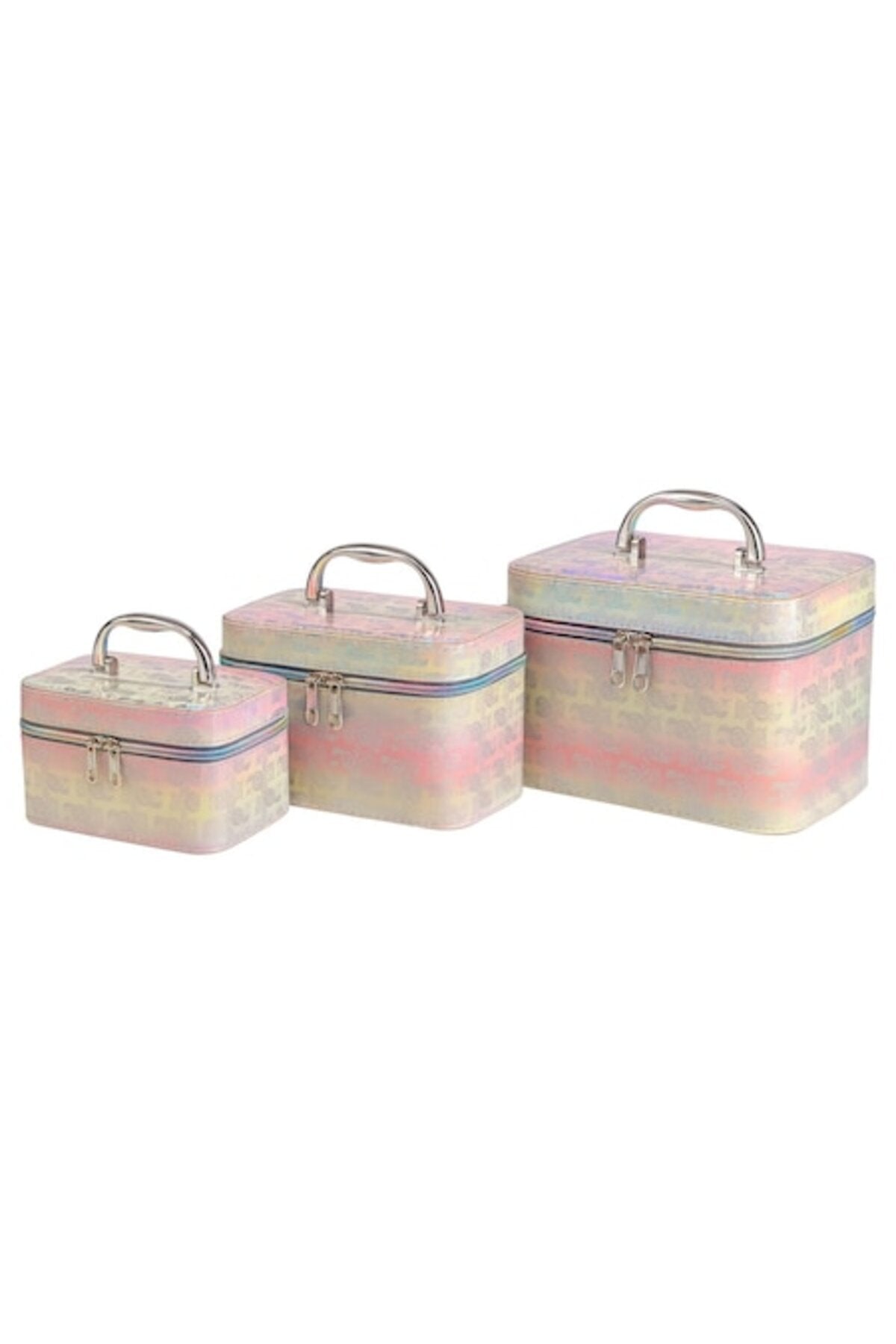 Set de 3 cutii roz pentru cosmetice cu oglindă, interior roz, design premium