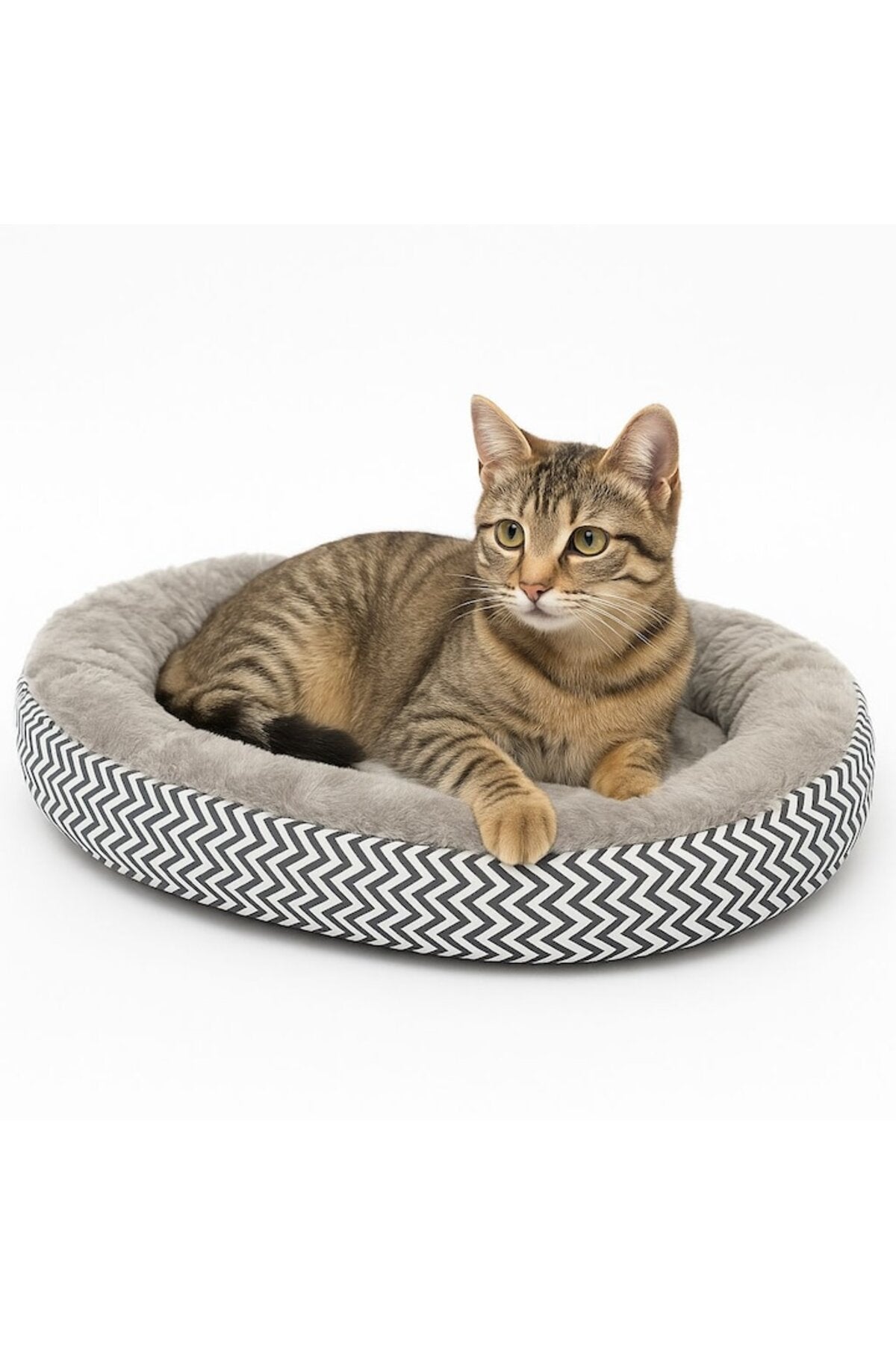 Pat oval pentru pisici, moale, lavabil, gri cu model Chevron, L,45x26 cm