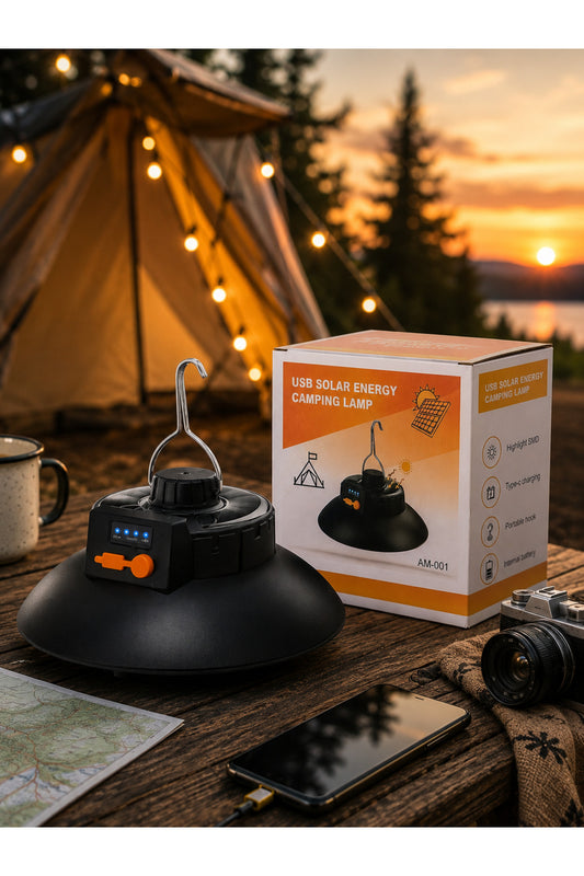 Lampa Solara Camping USB Rechargeable Type-C, LED SMD Puternic, Baterie Interna, Carlig Suspendare, Portabila pentru Cor