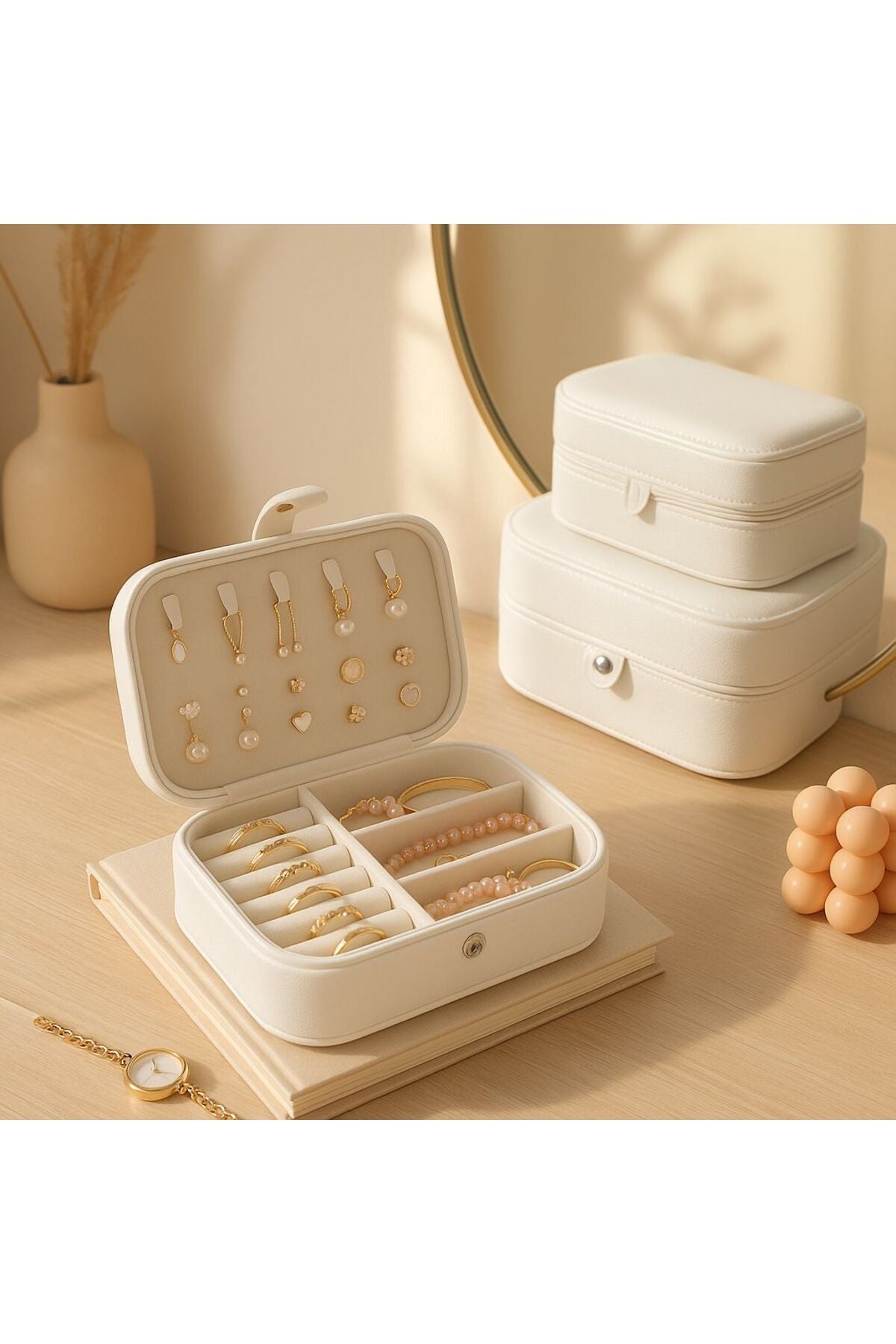 Cutie bijuterii cu 3 compartimente, organizator portabil pentru bijuterii, 16×11×5 cm