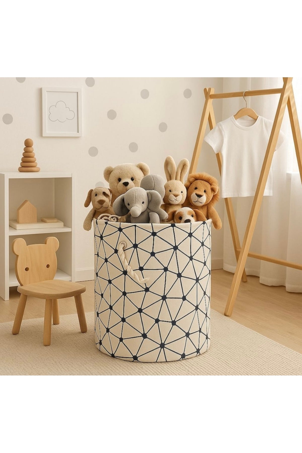 Coș de depozitare multifuncțional jucării, rufe, cu mâner textil durabil, model geometric modern