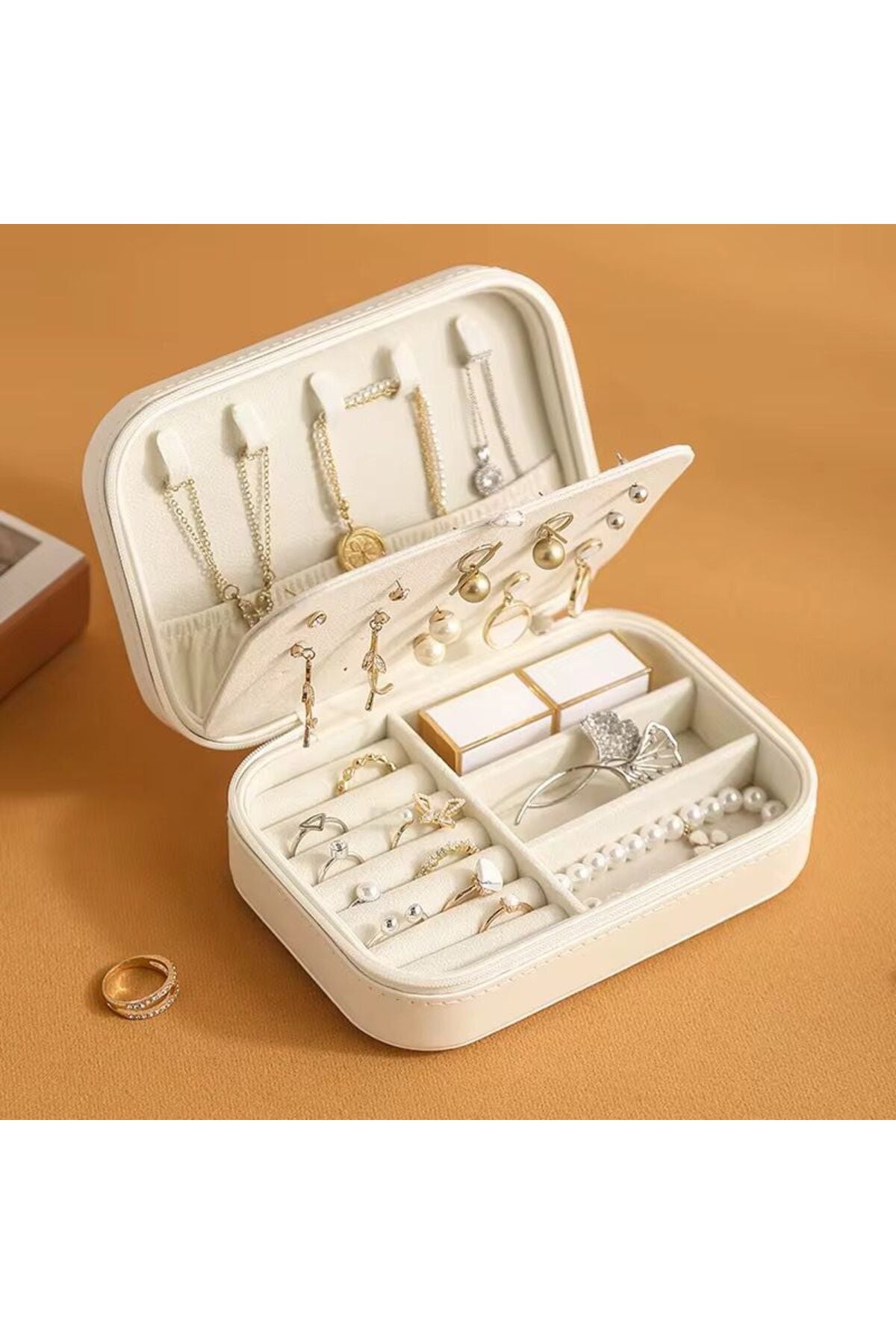 Cutie bijuterii cu 3 compartimente, organizator portabil pentru bijuterii, 16×11×5 cm