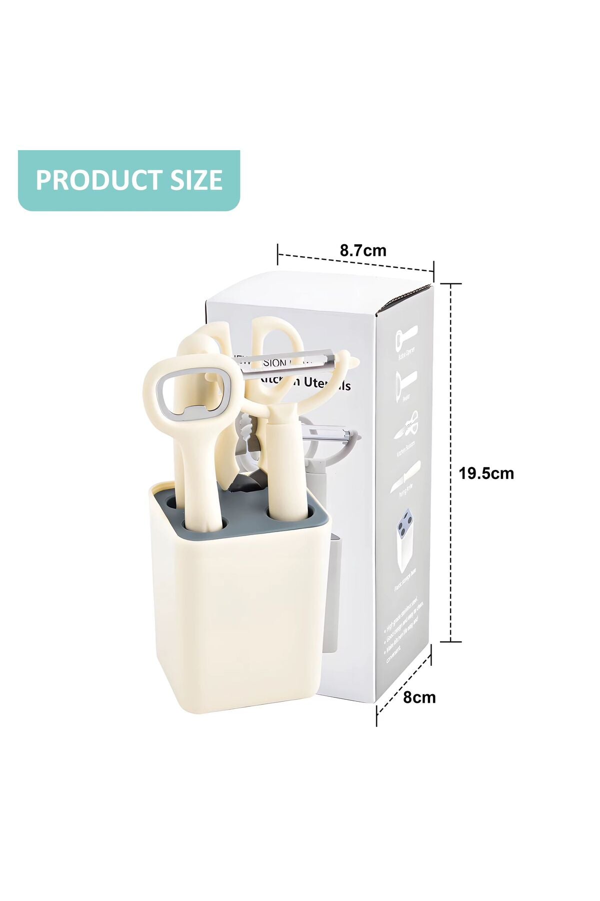 Set ustensile bucatarie 5 piese cu suport–cutit, foarfeca, decojitor, deschizator sticle