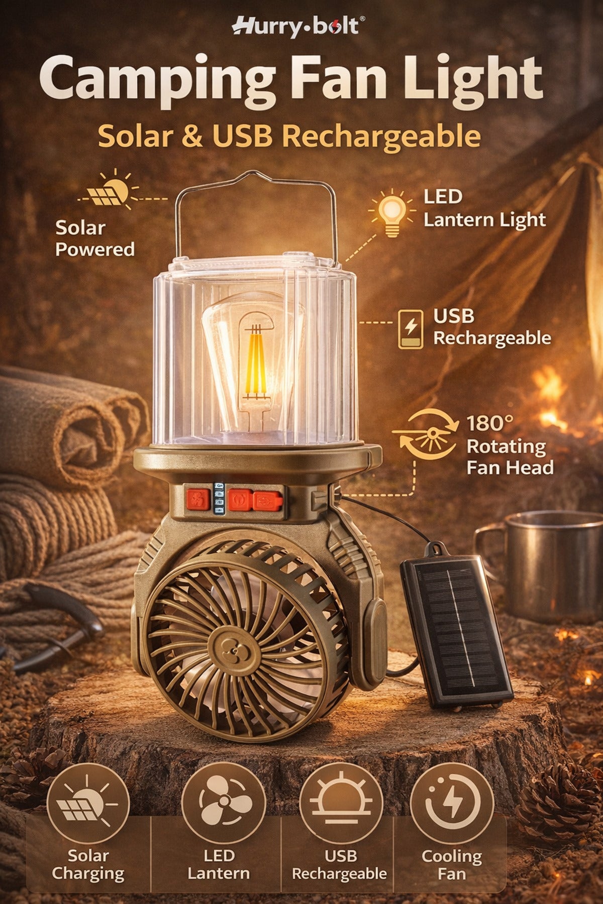 Lampa Camping cu Ventilator Solar HurryBolt HB-F718W