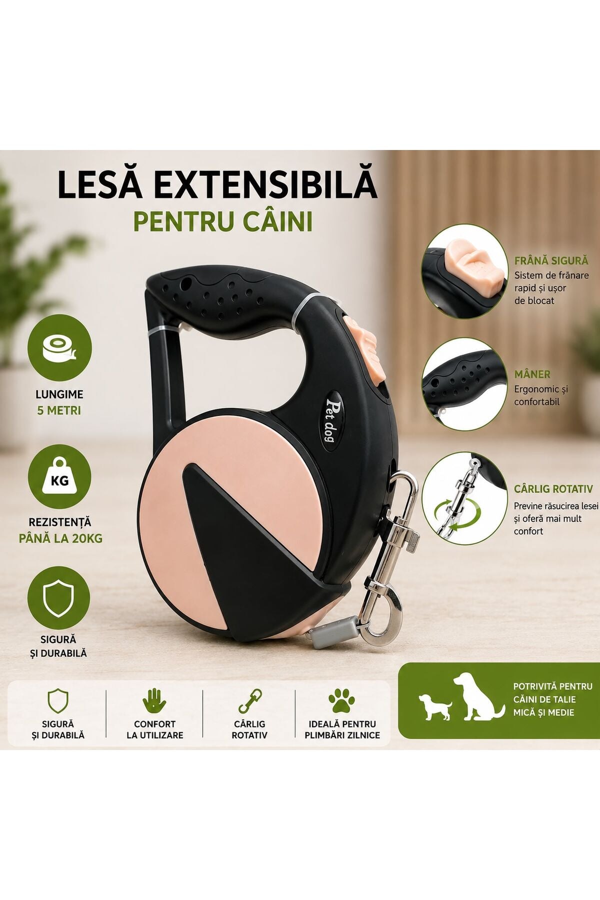Lesa Extensibila pentru Caini 5 Metri, Retractabila, Rezistenta pana la 20kg, Frana si Blocare Rapida, Maner Ergonomic, 