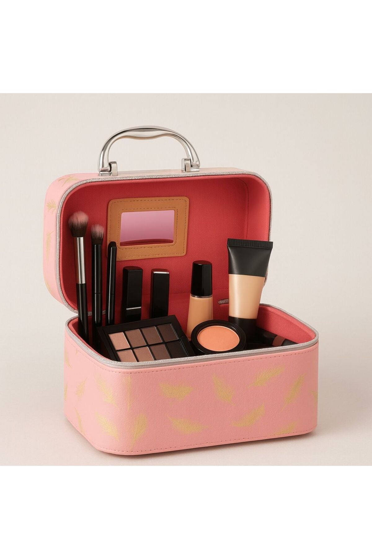 Set de 3 cutii roz pentru cosmetice cu oglindă, interior roz, design premium