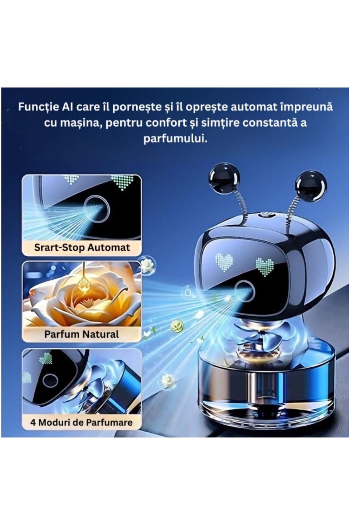Difuzor Inteligent Robot LED, 4 Moduri Pulverizare, Reincarcare Rapida, Parfum