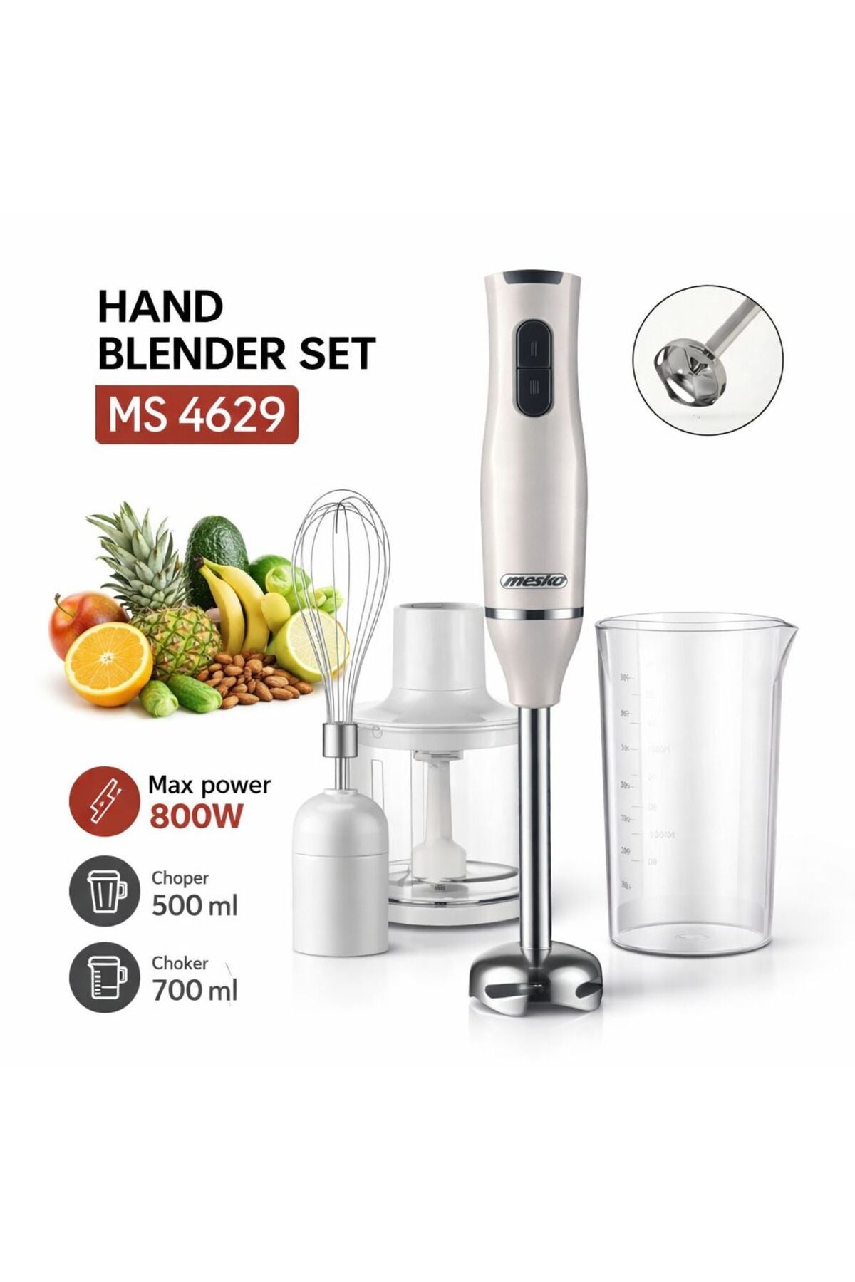 Blender de mână MS 4629, 800W, Set complet cu tel, tocător 500ml și recipient gradat 2 viteze
