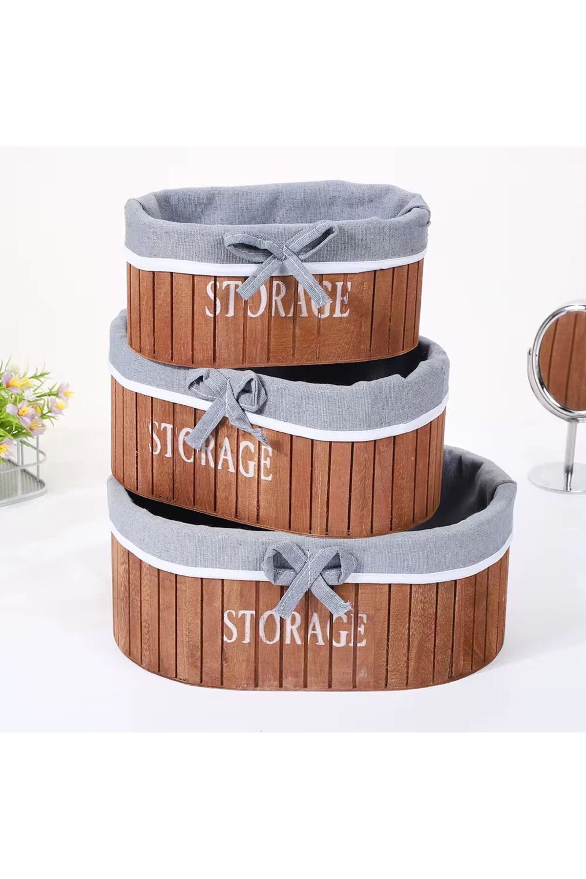 Set 3 Coșuri Depozitare– Design Elegant din Lemn Pentru Machiaj, Baie, Dormitor, Bucatarie 28x19cm