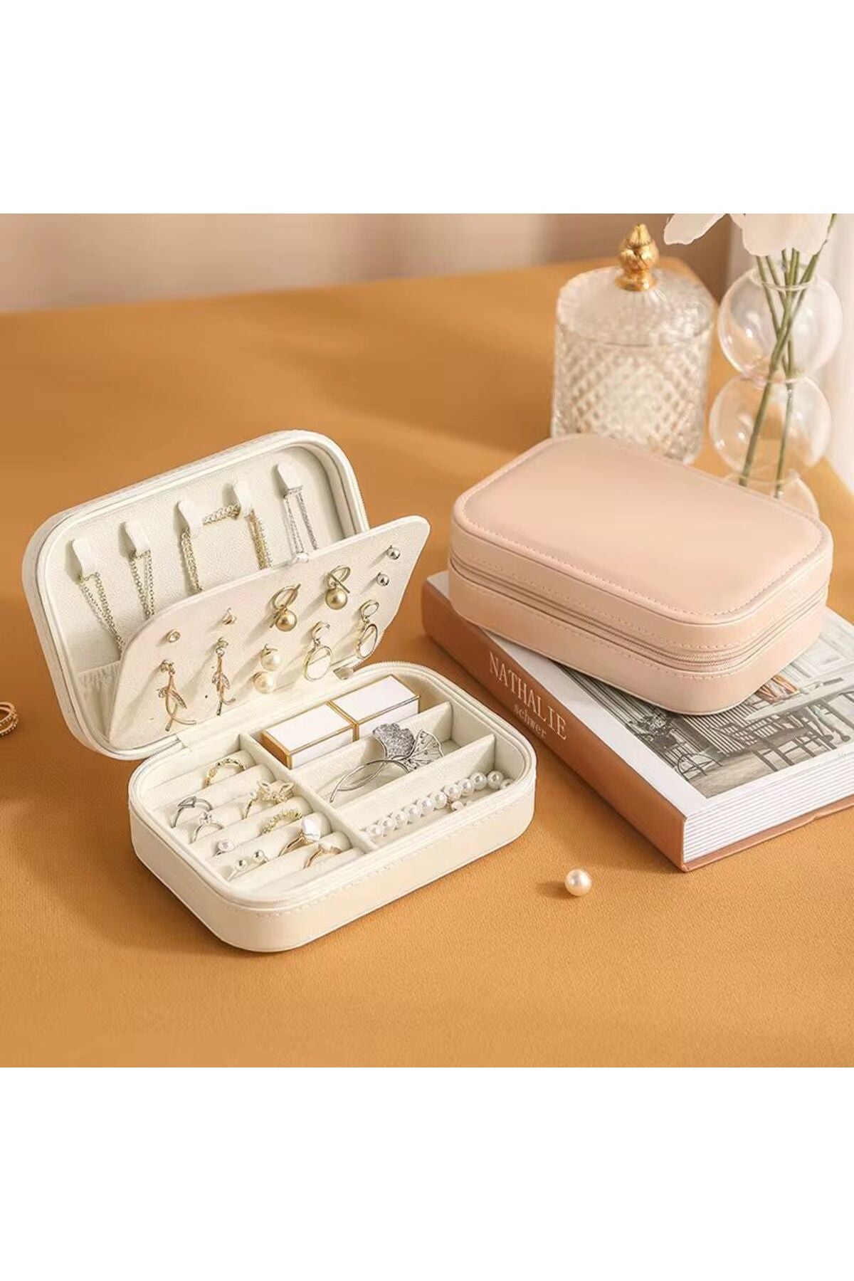 Cutie bijuterii cu 3 compartimente, organizator portabil pentru bijuterii, 16×11×5 cm