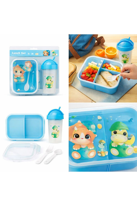 Cutie pranz Copii 18x13x5 cm, Lunch Box cu 3 Compartimente, Tacâmuri cu Sticlă 17 cm
