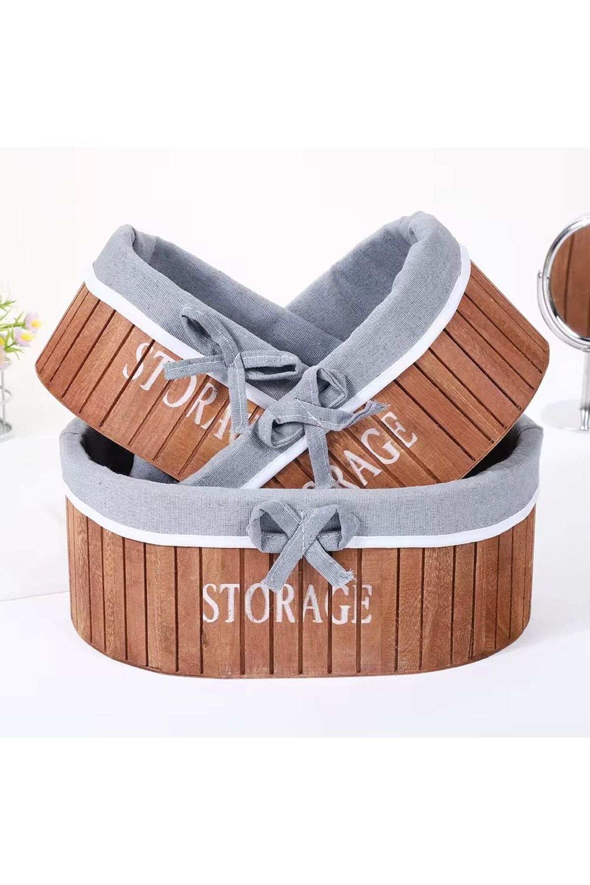 Set 3 Coșuri Depozitare– Design Elegant din Lemn Pentru Machiaj, Baie, Dormitor, Bucatarie 28x19cm