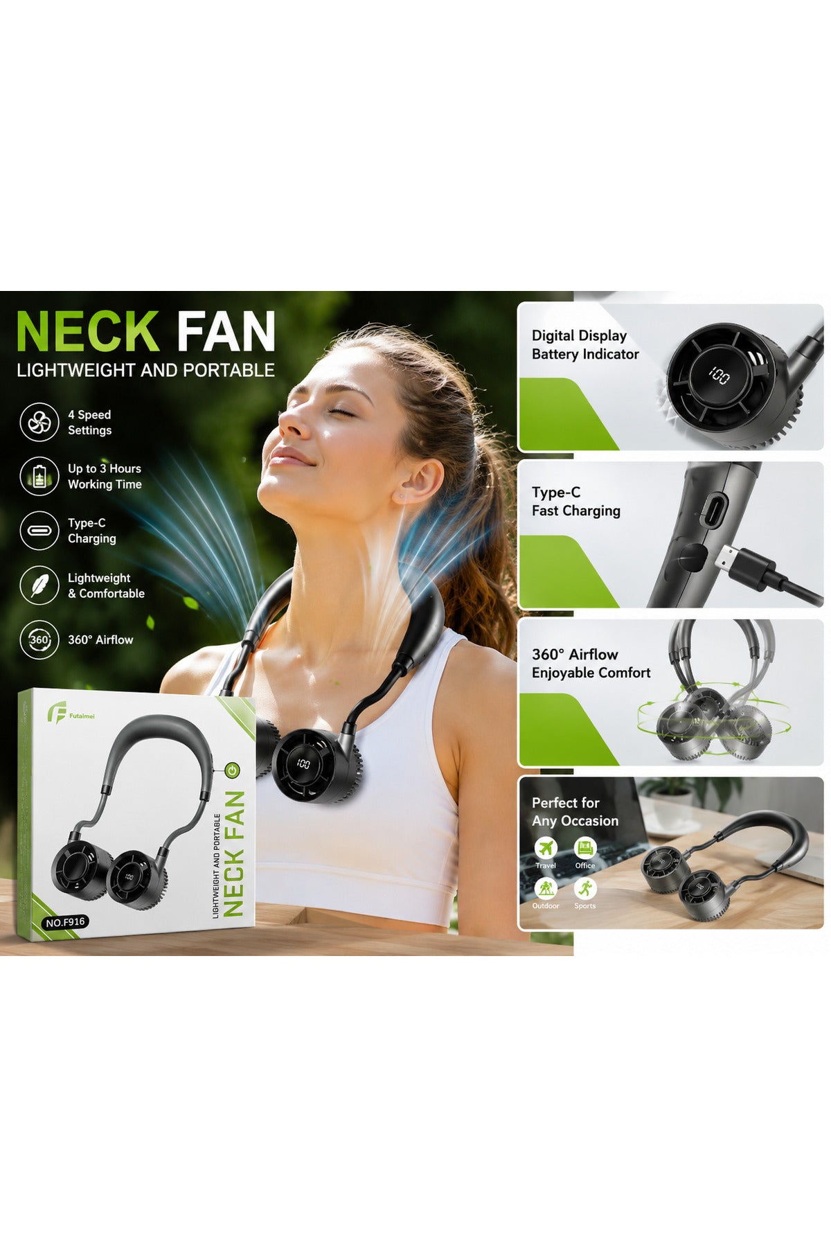 Ventilator Portabil de Gat F916 USB-C Reincarcabil cu Afisaj Digital, 4 Viteze, Racire 360°, Hands Free