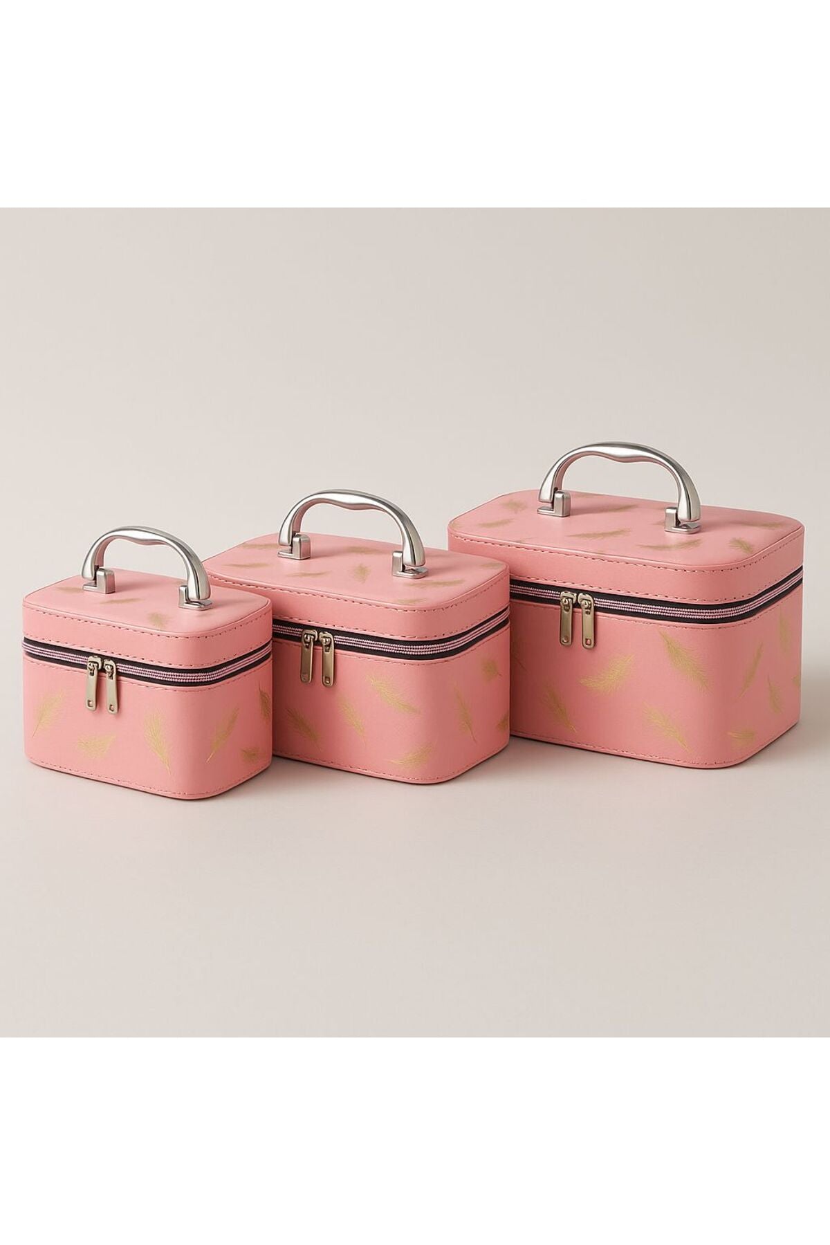 Set de 3 cutii roz pentru cosmetice cu oglindă, interior roz, design premium
