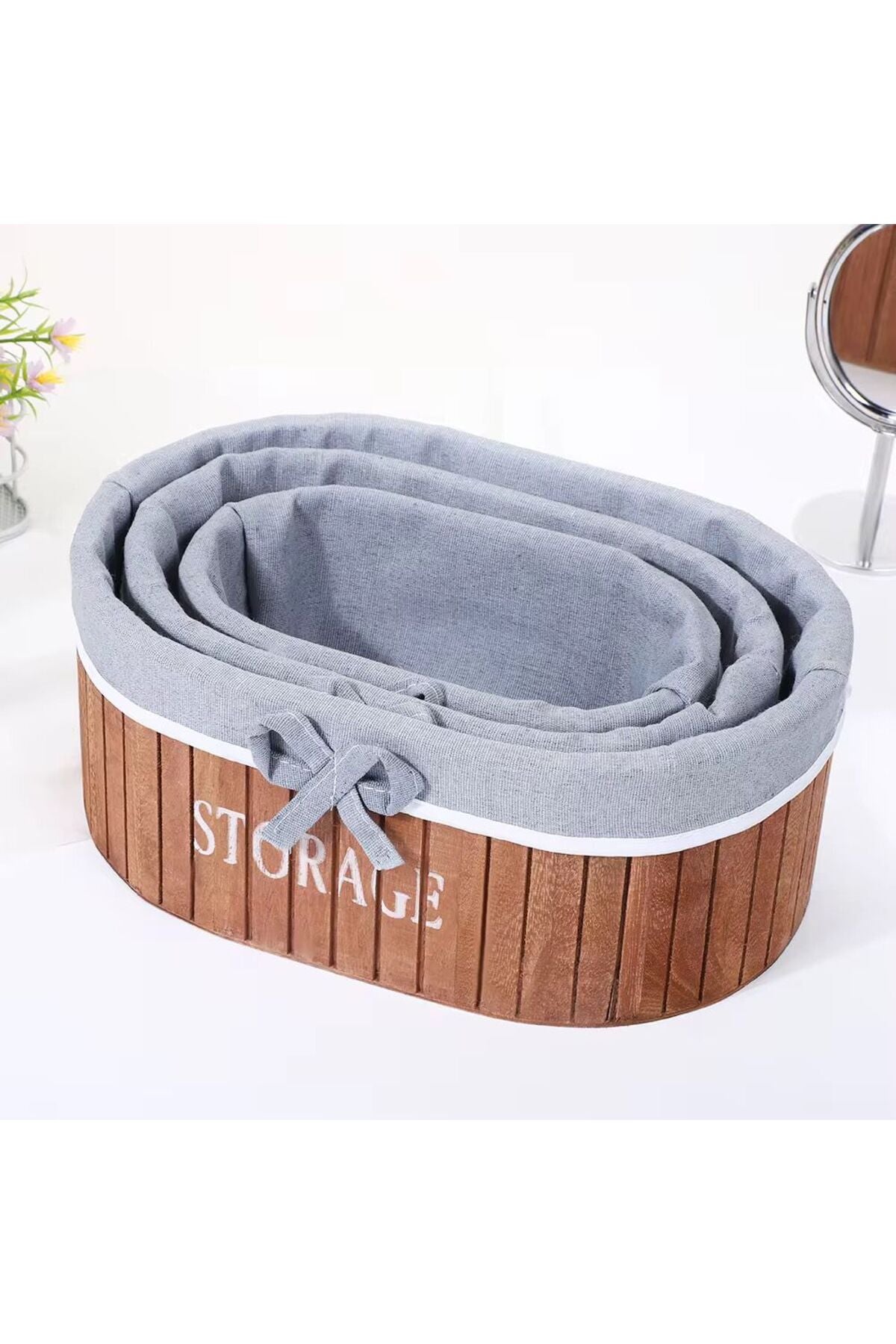 Set 3 Coșuri Depozitare– Design Elegant din Lemn Pentru Machiaj, Baie, Dormitor, Bucatarie 28x19cm