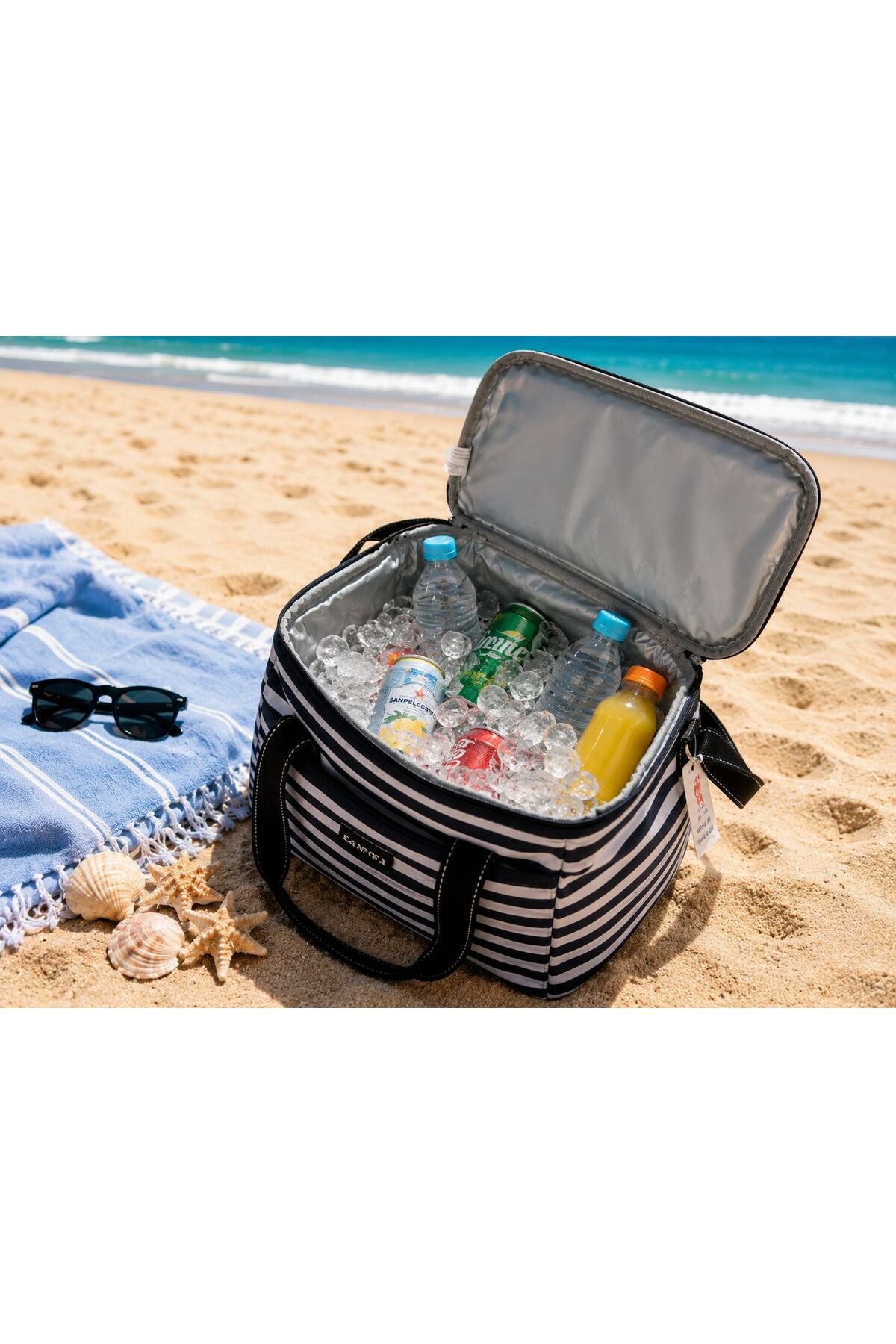 Geanta Termica 20L pentru Plaja si Picnic, Izolatie Termica, Impermeabila, 32x22.5x27 cm, Model Dungi Bleumarin