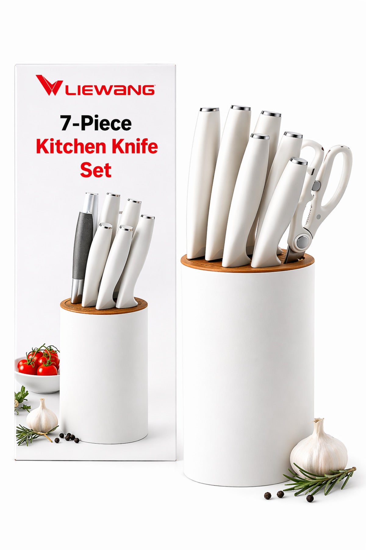 Set Cuțite Bucătărie 7 Piese LIEWANG, cu Suport, Oțel Inoxidabil, Design Modern Alb
