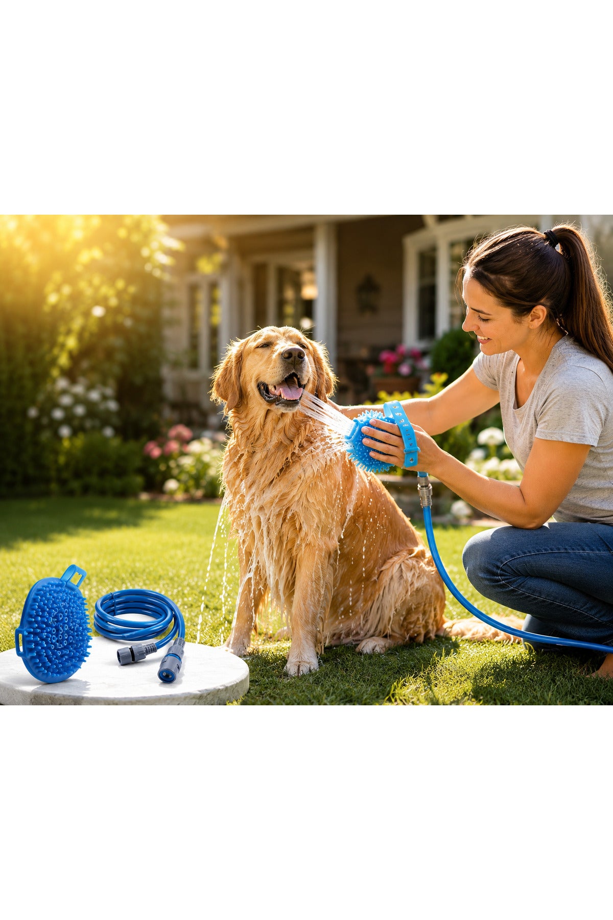 Perie pentru Spalarea Animalelor cu Furtun Integrat, Dus pentru Caini si Pisici, Masaj si Curatare Eficienta, Conectare 