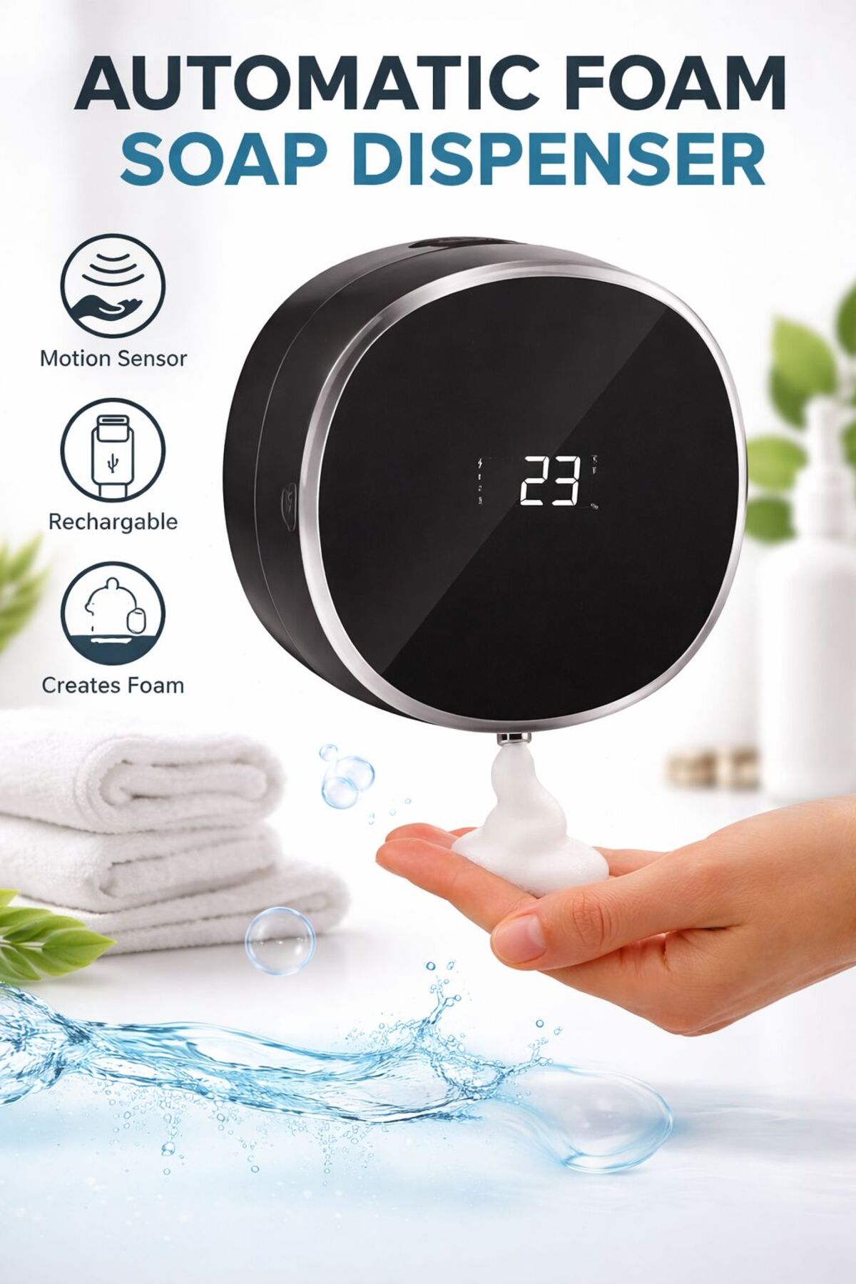 Dozator Automat Sapun Spuma cu Senzor IR, 3 Niveluri Dozare, Reîncărcabil USB, 280 ml