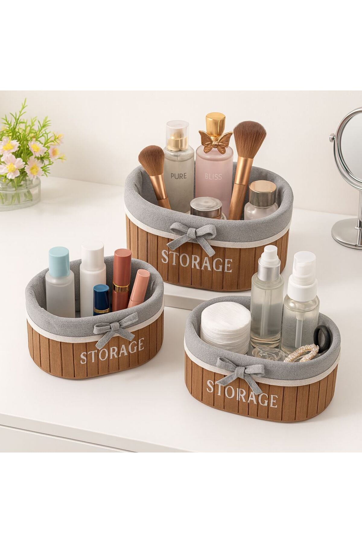 Set 3 Coșuri Depozitare– Design Elegant din Lemn Pentru Machiaj, Baie, Dormitor, Bucatarie 28x19cm