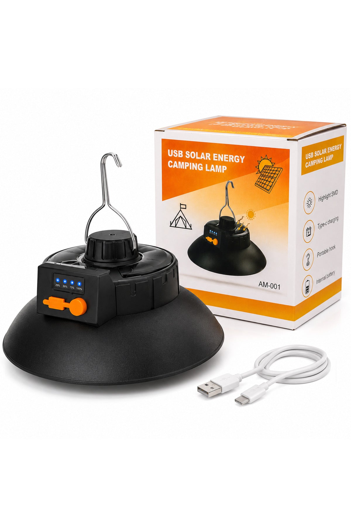 Lampa Solara Camping USB Rechargeable Type-C, LED SMD Puternic, Baterie Interna, Carlig Suspendare, Portabila pentru Cor