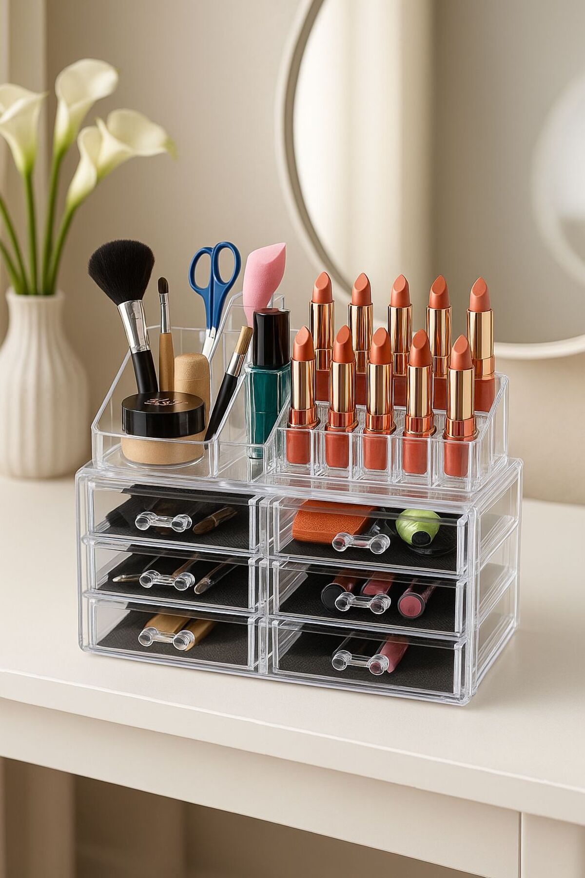 Organizator Cosmetice cu 6 Sertare – Cutie Depozitare Machiaj, Rujuri, Pensule și Bijuterii