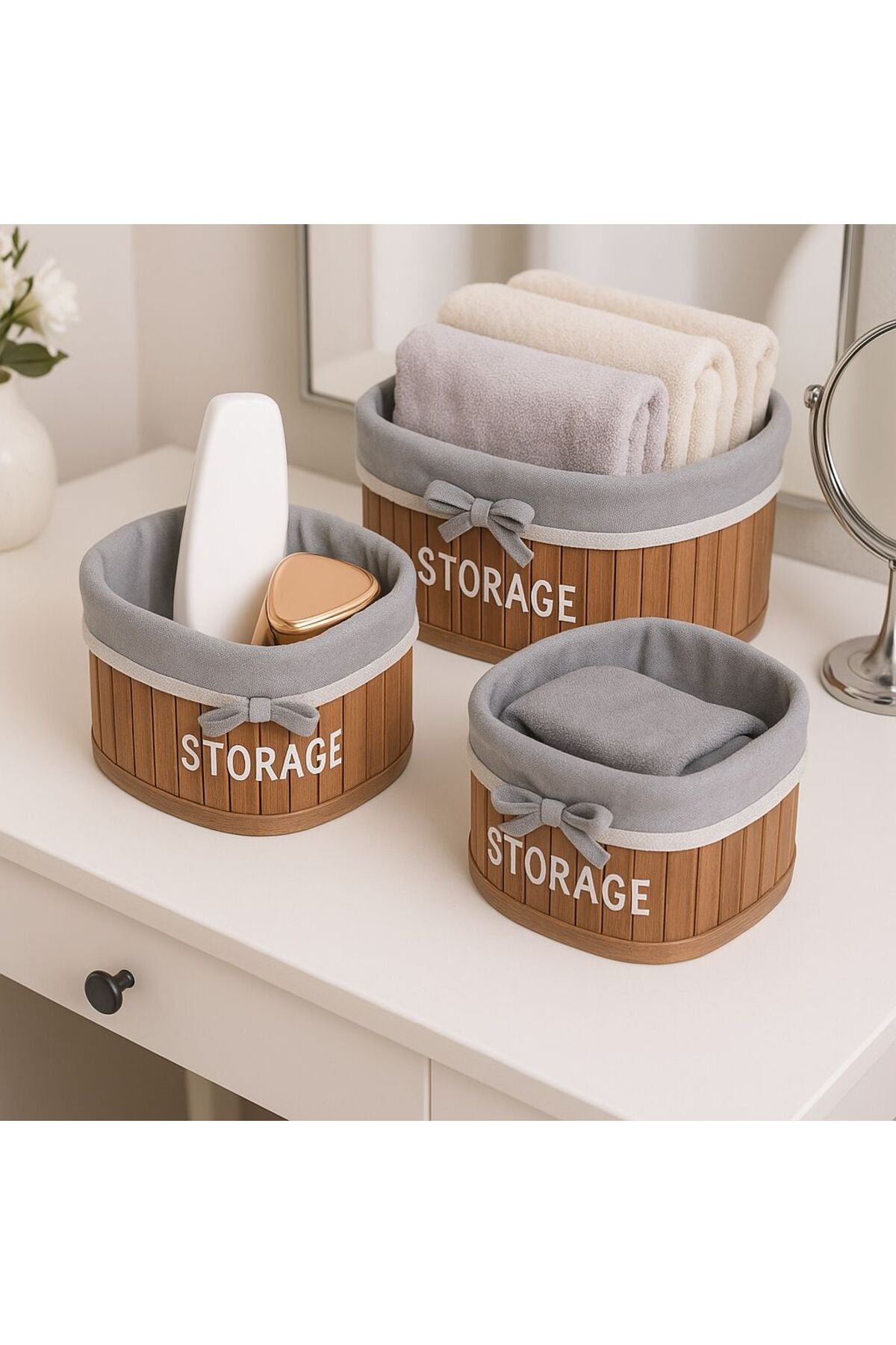 Set 3 Coșuri Depozitare– Design Elegant din Lemn Pentru Machiaj, Baie, Dormitor, Bucatarie 28x19cm