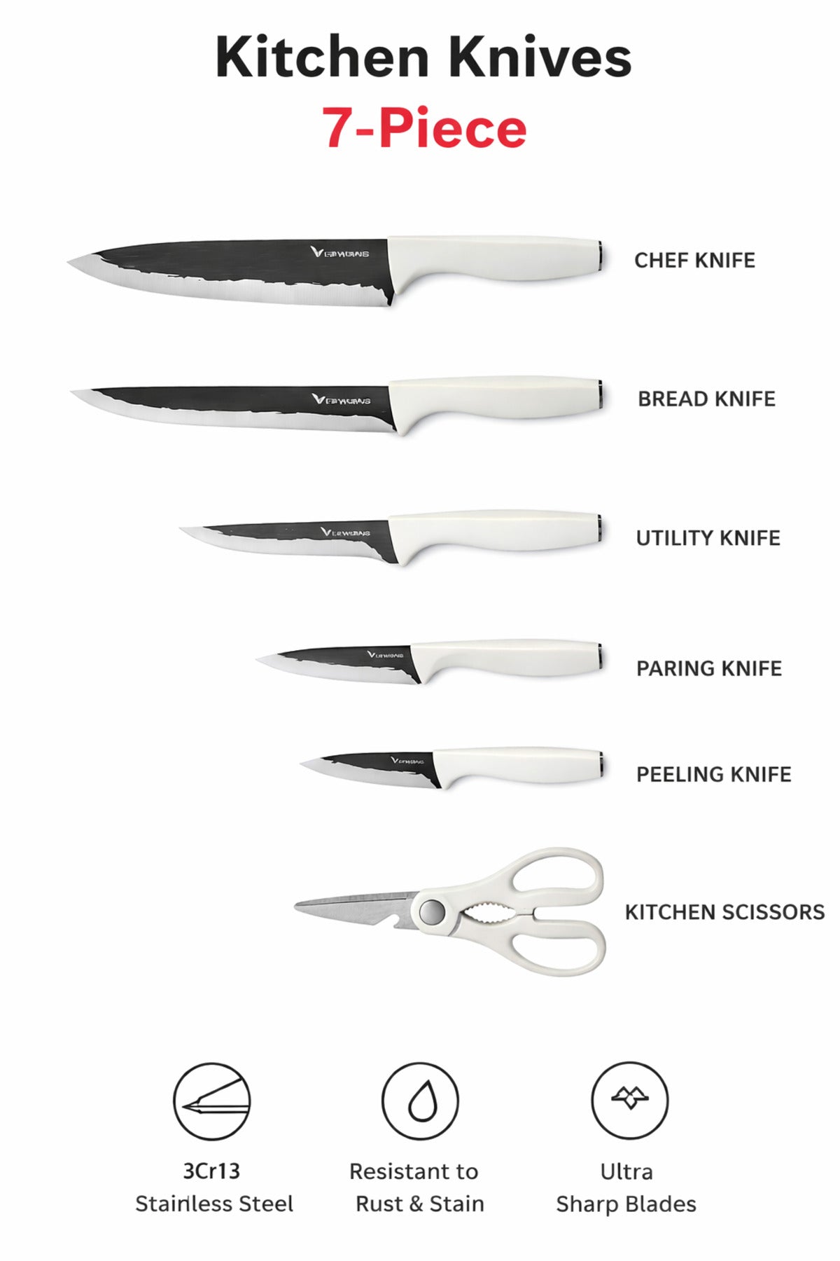 Set Cuțite Bucătărie 7 Piese LIEWANG, cu Suport, Oțel Inoxidabil, Design Modern Alb