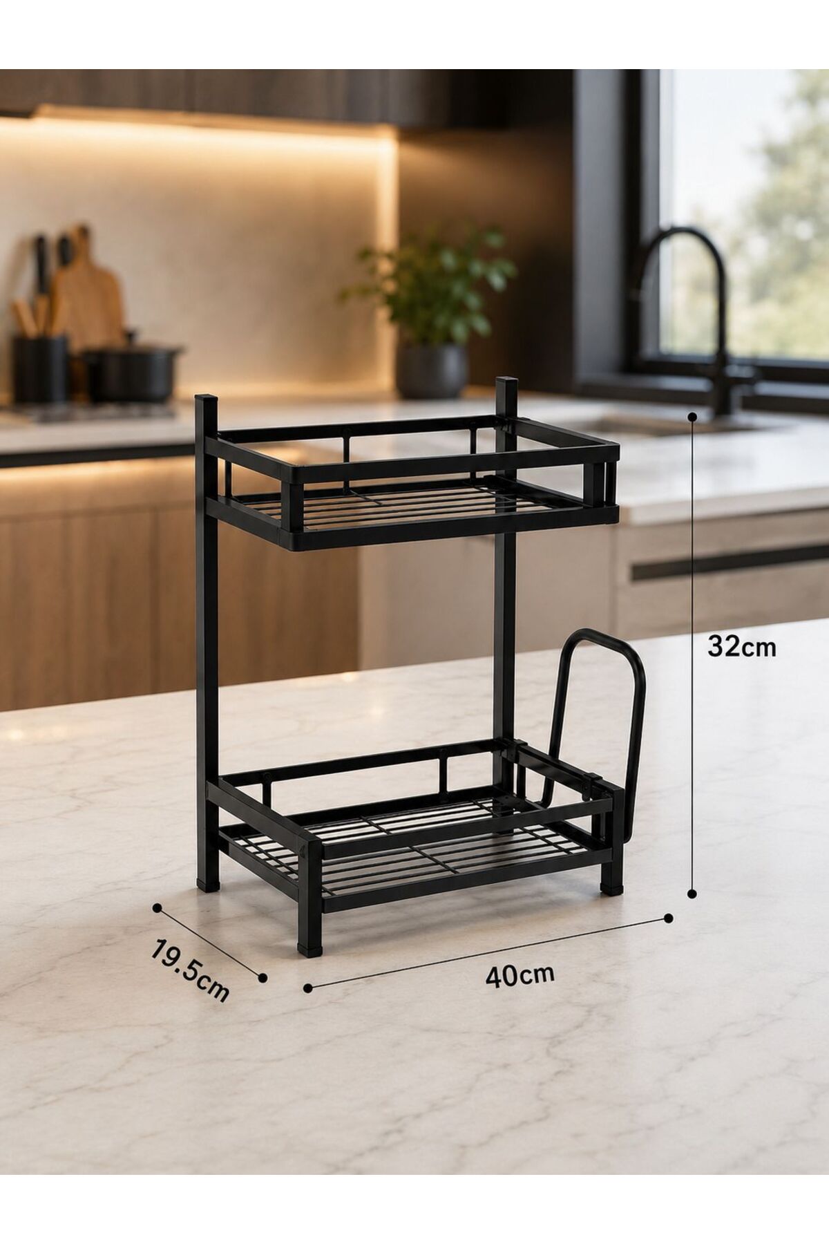 Raft Organizator Bucatarie 2 Nivele, Metalic, Negru, Suport Condimente si Ustensile, 40 x 19.5 x 32 cm
