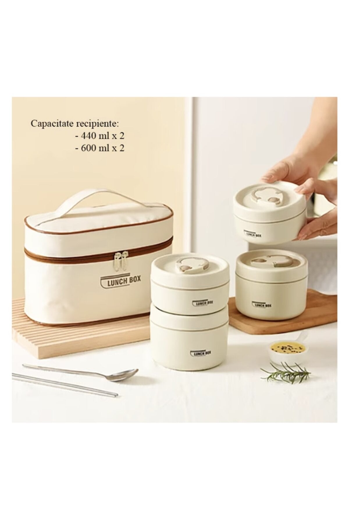 Set caserole termice din oțel inoxidabil 304 (4 piese, 2080 ml) cu geantă termoizolantă, crem