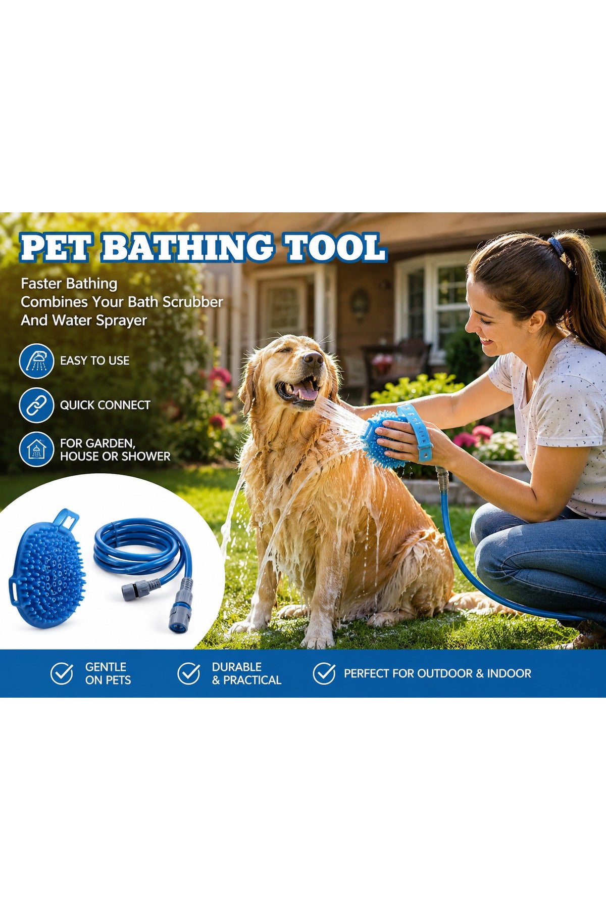 Perie pentru Spalarea Animalelor cu Furtun Integrat, Dus pentru Caini si Pisici, Masaj si Curatare Eficienta, Conectare 