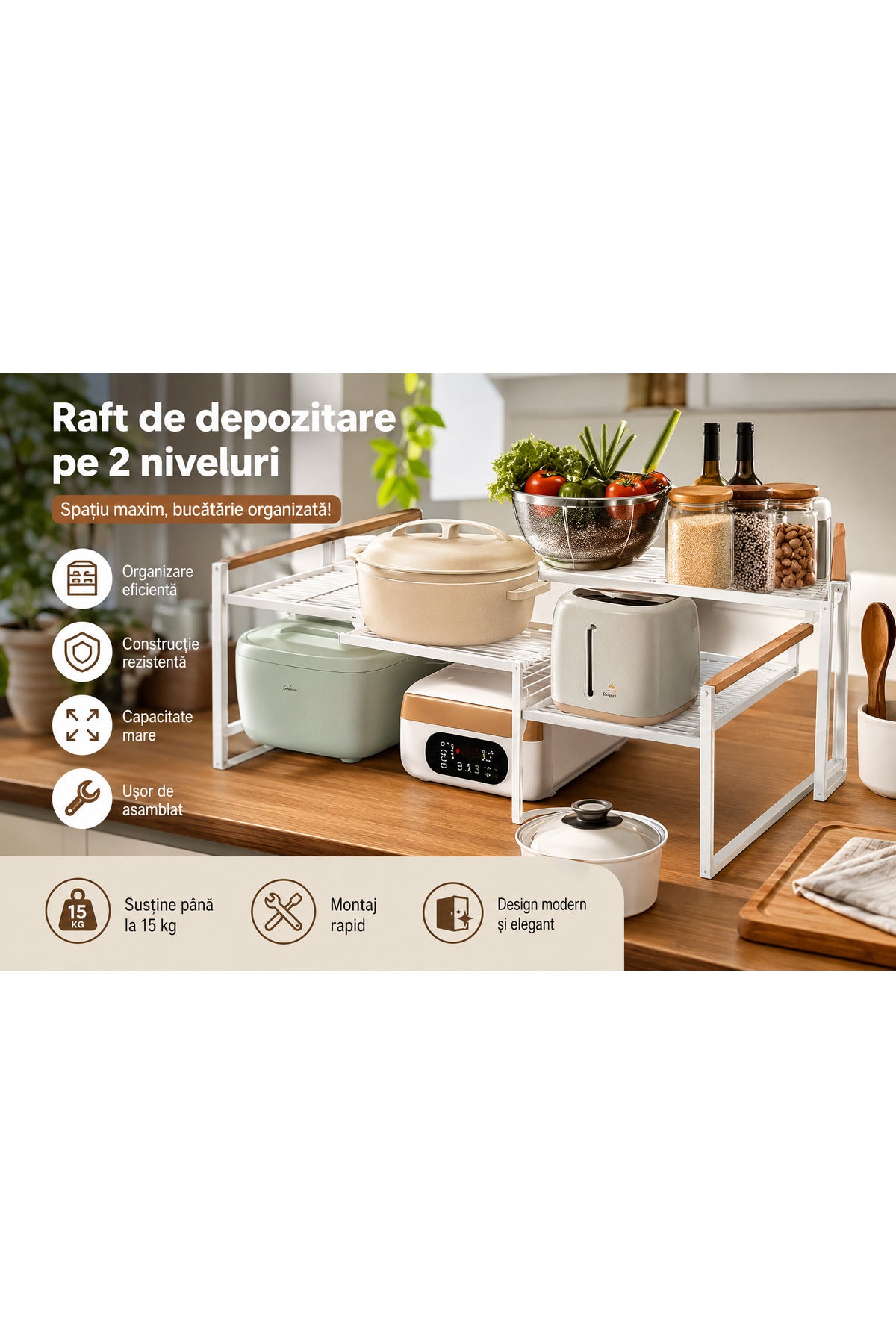 Raft Organizator Bucătărie 2 Niveluri, Metal Premium, Suport Depozitare Blat Bucătărie, Multifuncțional, Capacitate 15KG