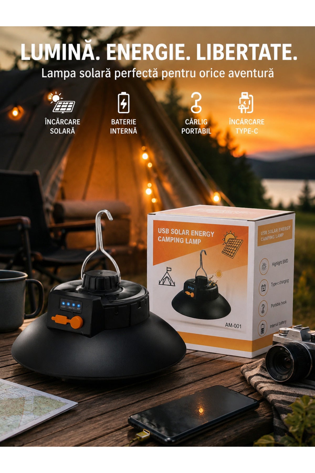 Lampa Solara Camping USB Rechargeable Type-C, LED SMD Puternic, Baterie Interna, Carlig Suspendare, Portabila pentru Cor
