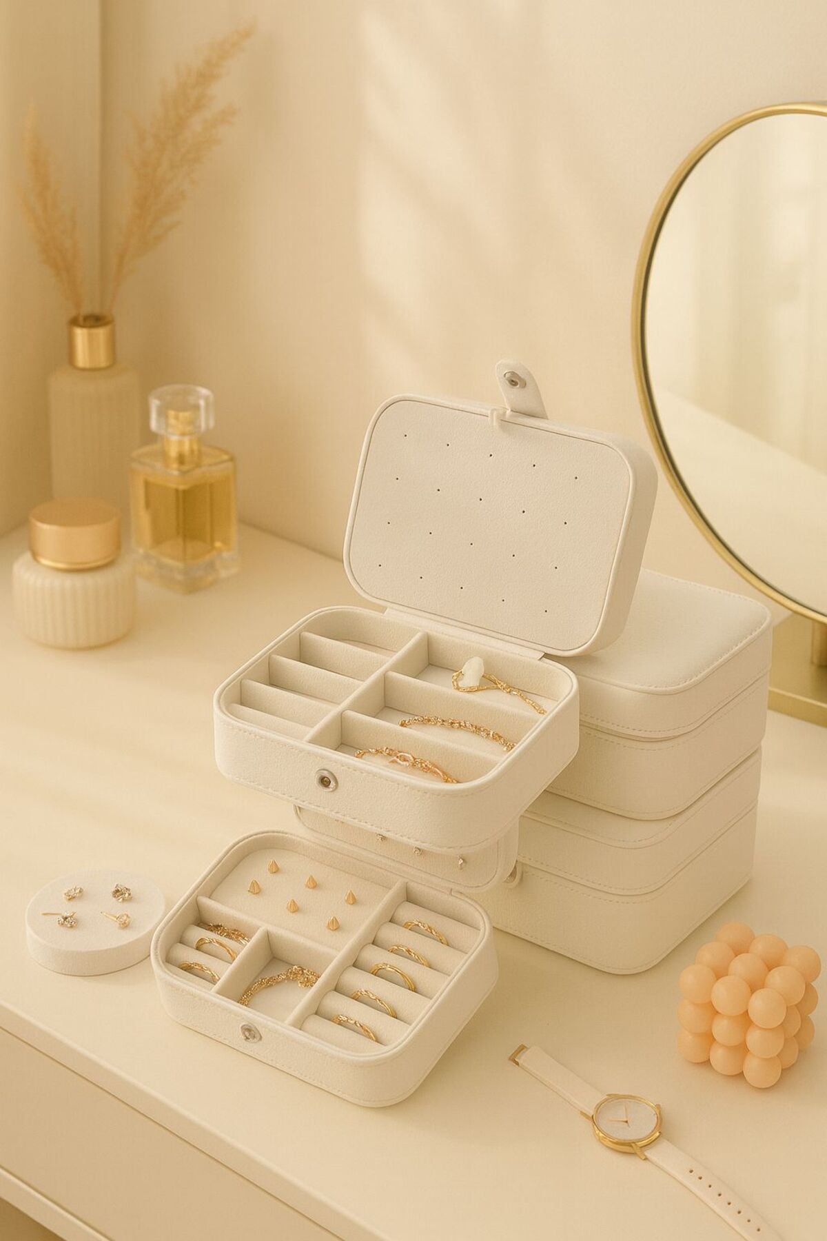 Cutie bijuterii cu 3 compartimente, organizator portabil pentru bijuterii, 16×11×5 cm