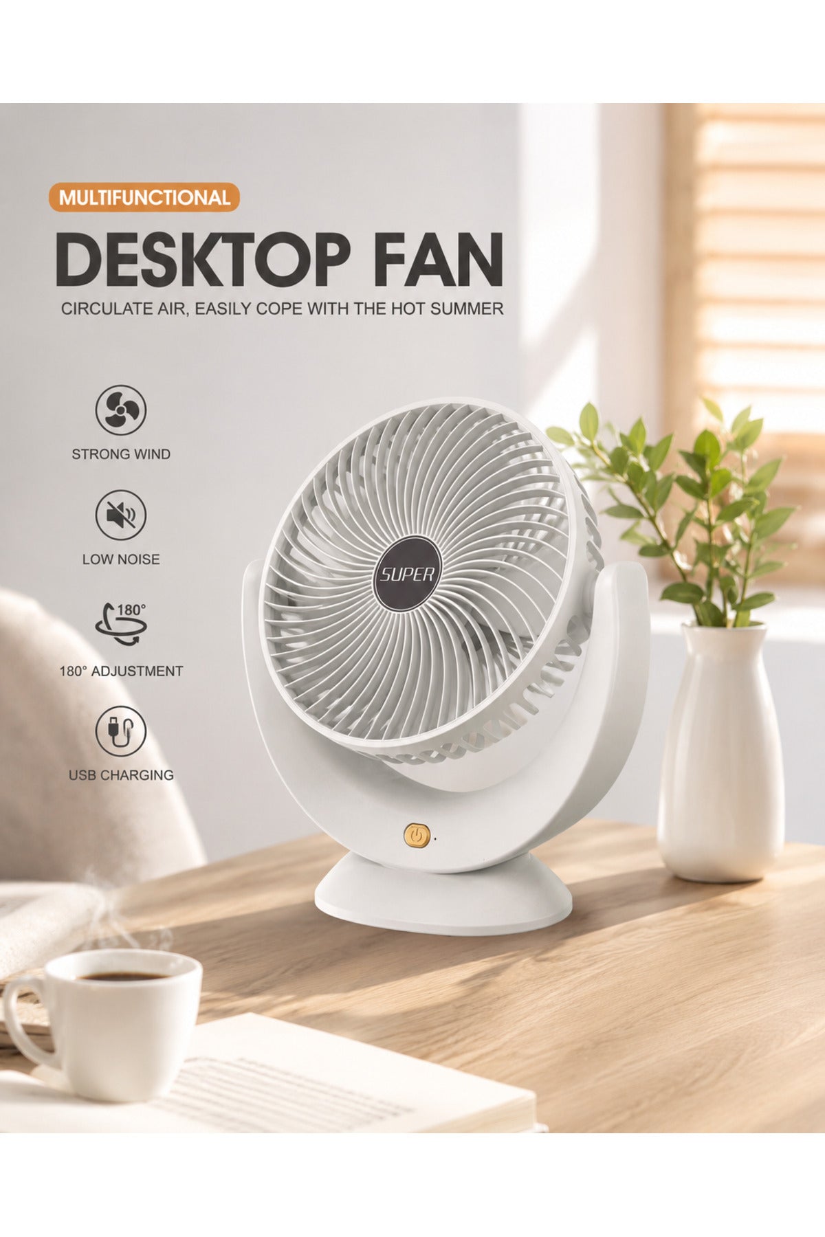 Mini Ventilator Birou USB BK-168, Silentios, Reglabil 180°, Desktop Fan Portabil Alb